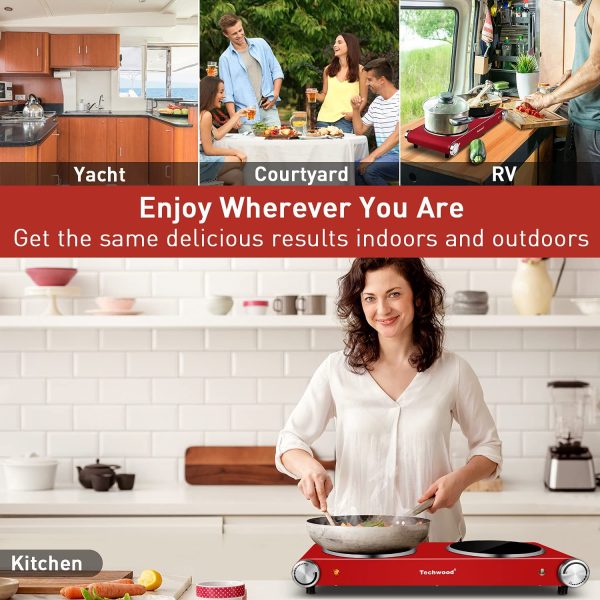 1800W Electric Dual Hot Plate, Countertop Stove Double Burner for Cooking, Infrared Ceramic Hot Plates Double Cooktop, Red, Brushed Stainless Steel Easy To Clean Upgraded Version, Red