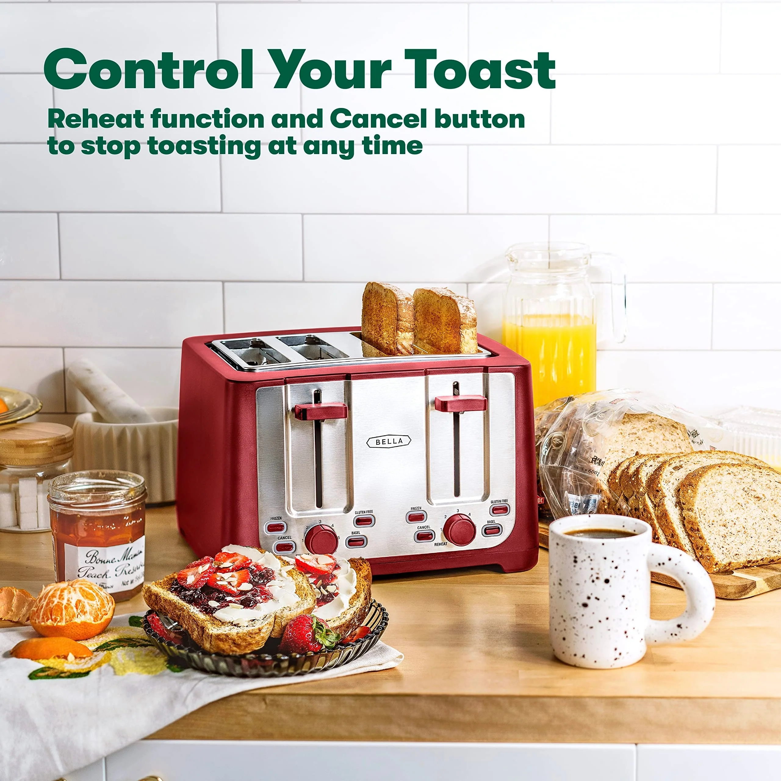4 Slice Toaster with Auto Shut Off - Extra Wide Slots & Removable Crumb Tray and Cancel, Defrost & Reheat Function