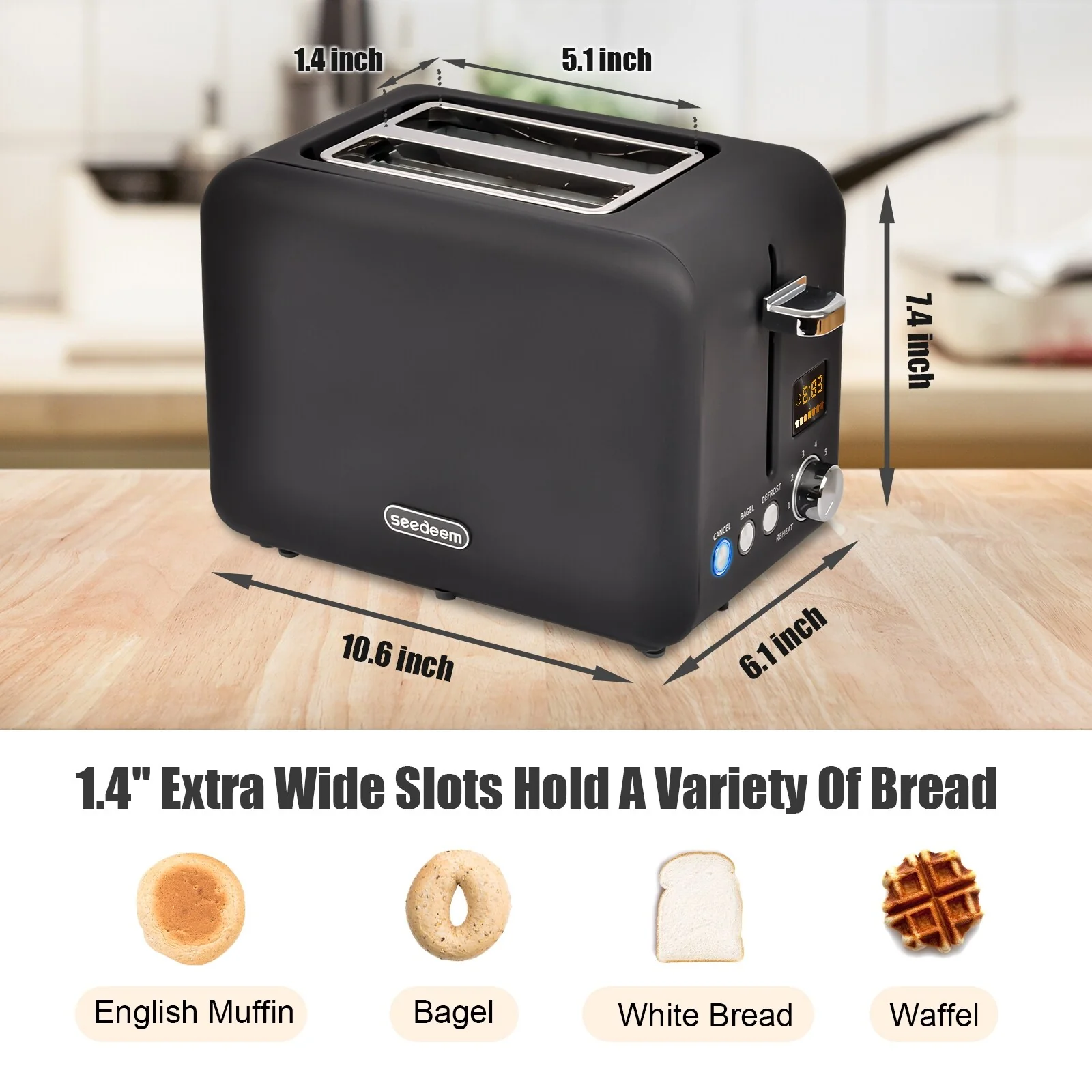 SEEDEEM Toaster 2 Slice, Stainless Steel Toaster with LCD Display