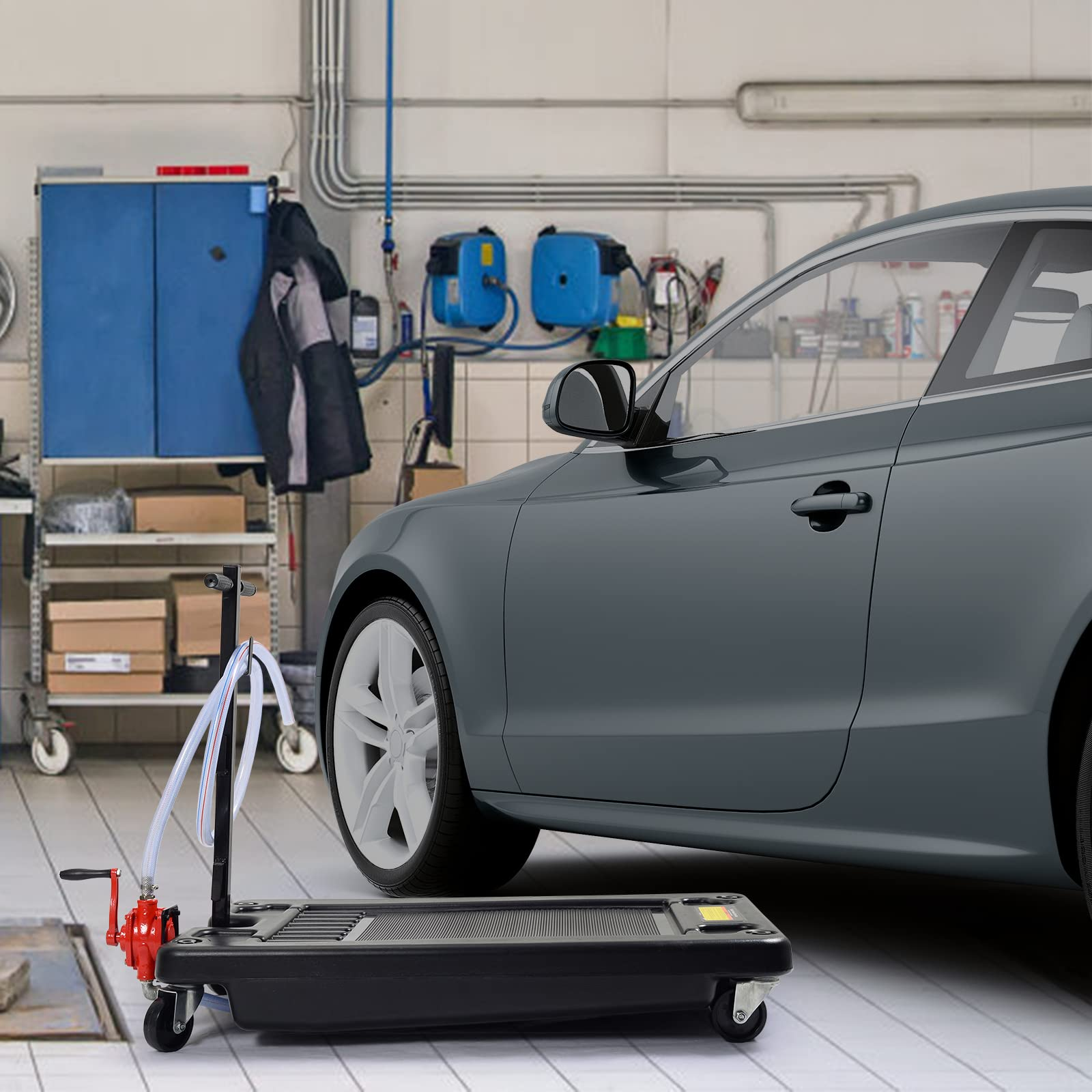 Portable Oil Drain Pan with Pump 17 Gallon Low Profile Oil Change Pan for Truck Car with 8' Hose