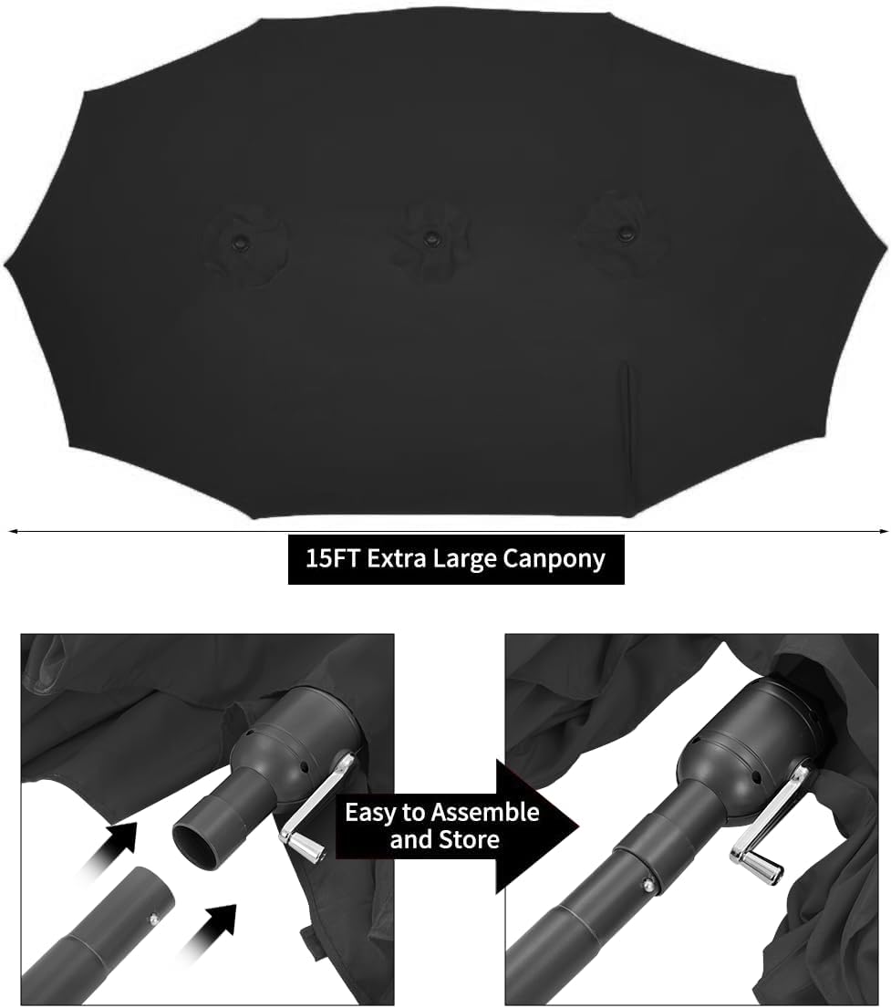 15ft Patio Umbrella with Solar Lights, Large Double Umbrella Outdoor, Rectangle 180''x106'' Umbrellas with 156 PCS LED Lights and Crank Handle for Backyard Deck Pool Shade in Black(1.9