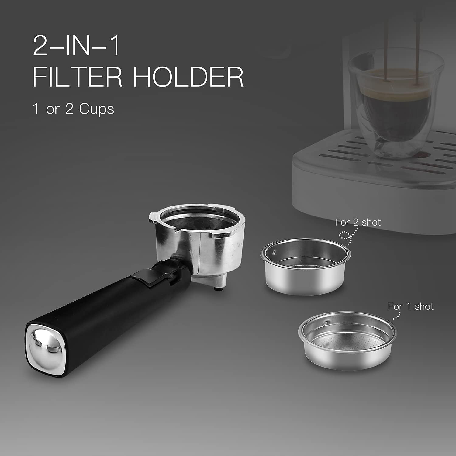 Espresso machine with milk frother, 1.2L water tank, 1350W