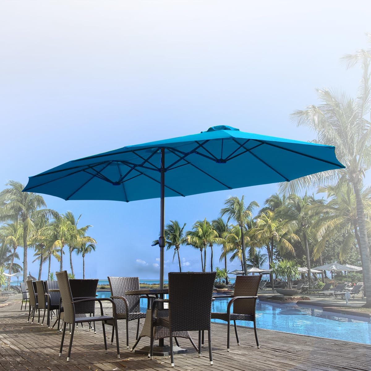 15ft Patio Umbrella with Solar Lights, Large Double Umbrella Outdoor, Rectangle 180''x106'' Umbrellas with 156 PCS LED Lights and Crank Handle for Backyard Deck Pool Shade in Black(1.9