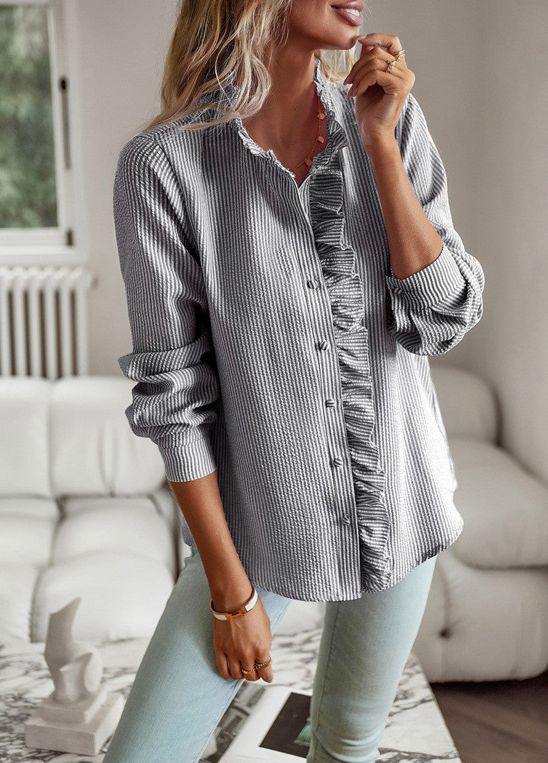 Bianca Striped Ruffle Button-Up Blouse