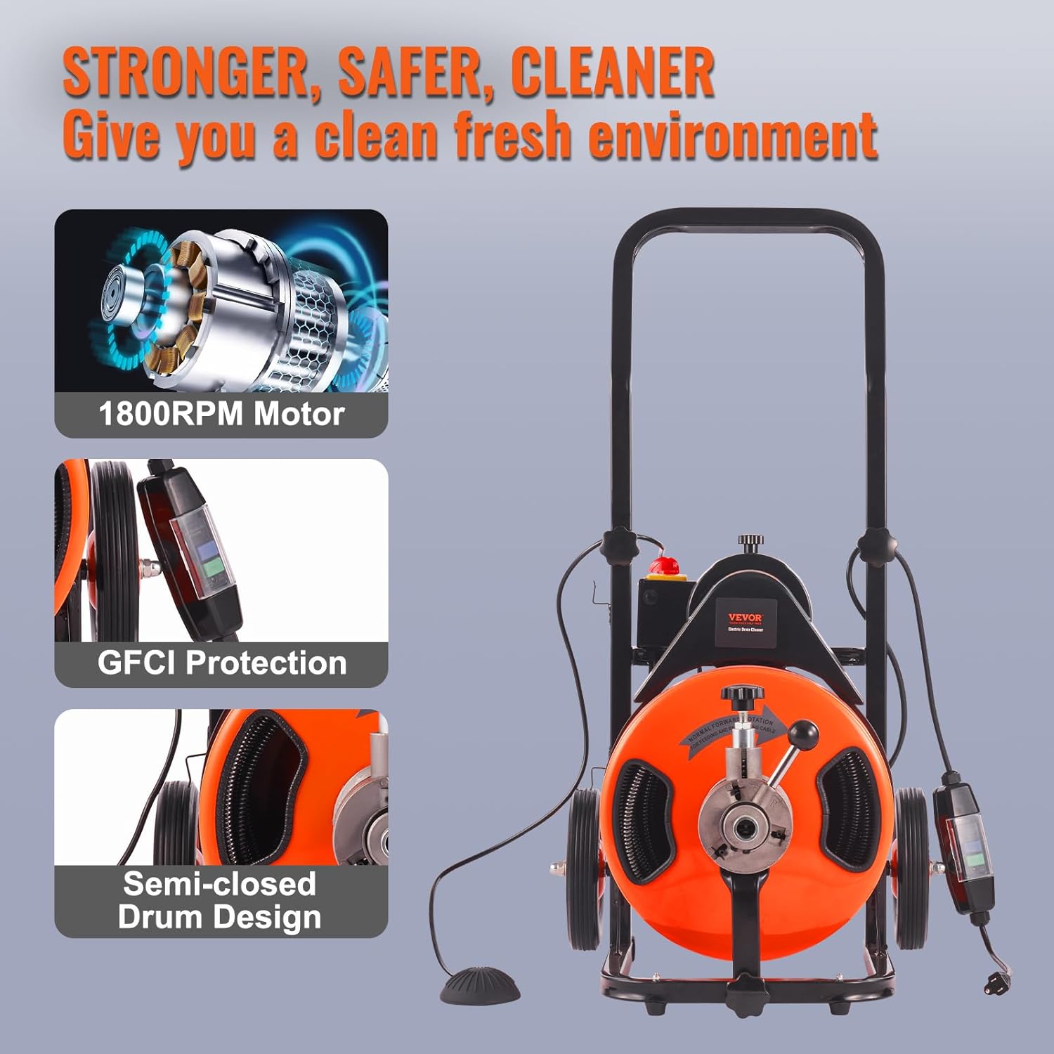 Drain Cleaner Machine 100FT x 1/2Inch, Auto Feed Sewer Snake Auger with 4 Cutter & Air-activated Foot Switch for 1