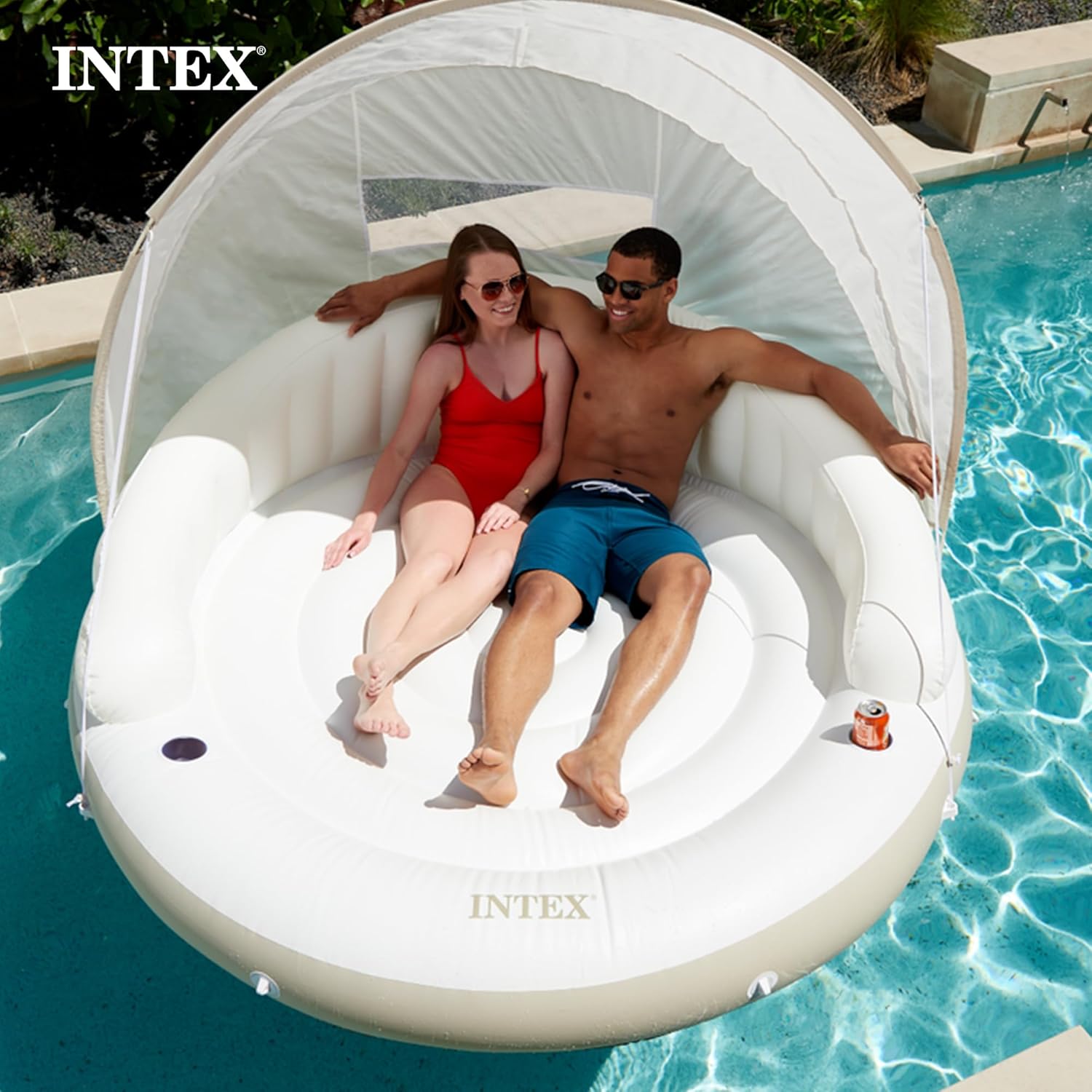 58292EP Canopy Island Inflatable Pool Float: Comfortable Lounge Surface – Built-in Cup Holders – Detachable Sunshade – 440lb Max Weight Capacity – 78.5