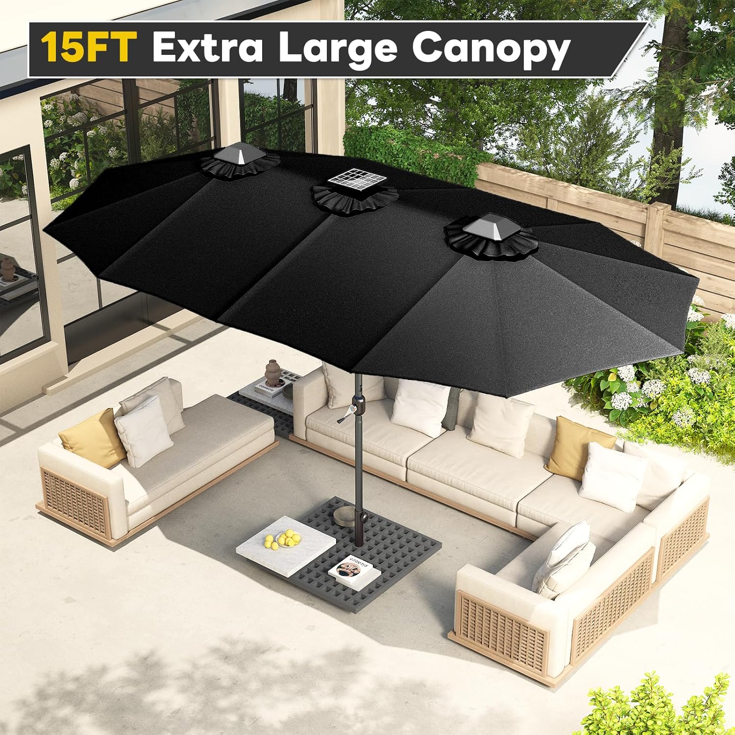 15ft Patio Umbrella with Solar Lights, Large Double Umbrella Outdoor, Rectangle 180''x106'' Umbrellas with 156 PCS LED Lights and Crank Handle for Backyard Deck Pool Shade in Black(1.9
