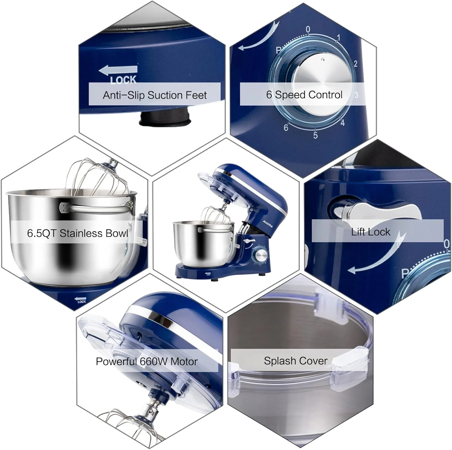 Aucma Stand Mixer,6.5-QT 660W 6-Speed Tilt-Head Food Mixer, Kitchen Electric Mixer with Dough Hook