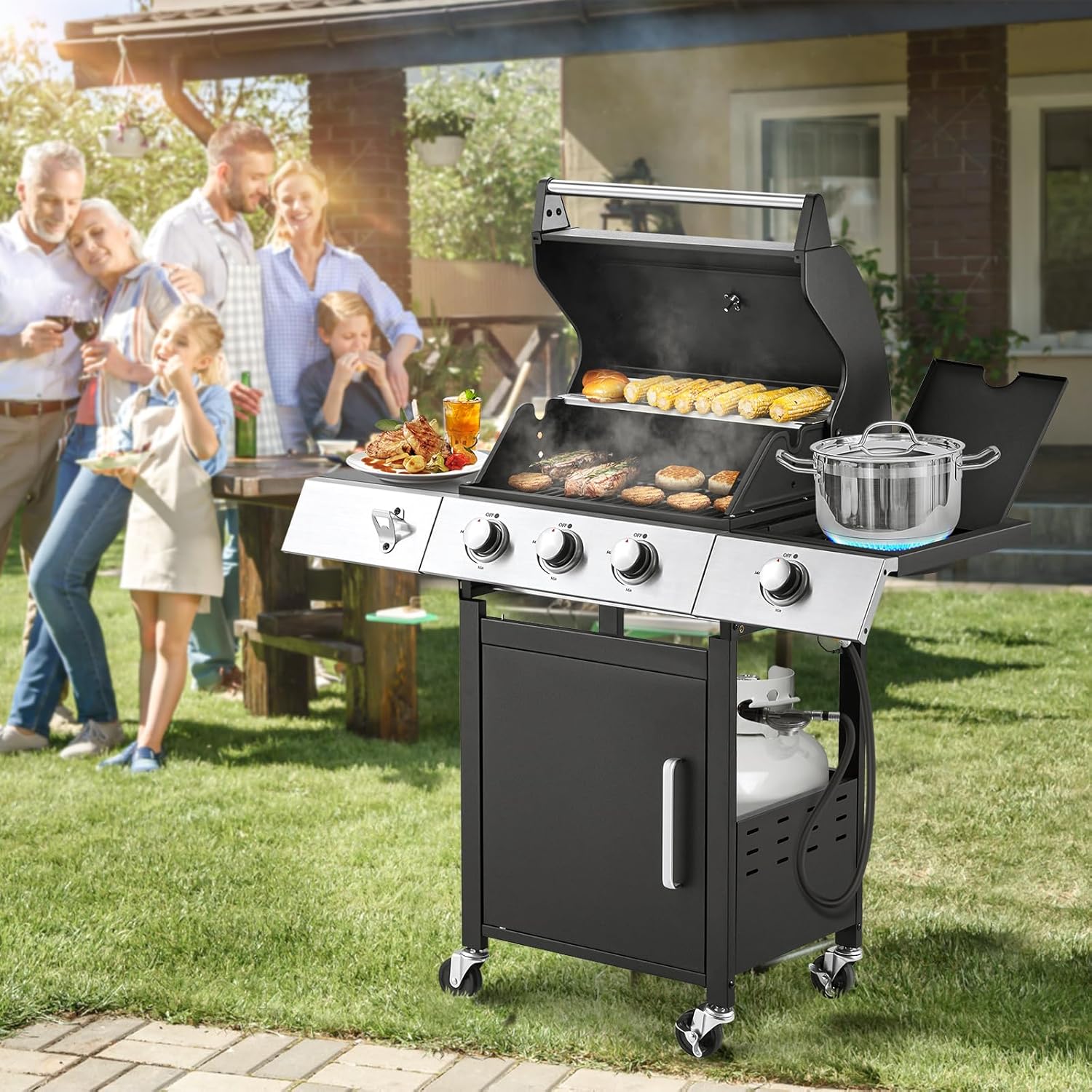Upgraded 4 Burner BBQ Propane Gas Grill with Cast Iron Grates & Side Stove, 44,000 BTU Stainless Steel Burner Barbecue Grill for Patio, Camping, Outdoor Cooking.