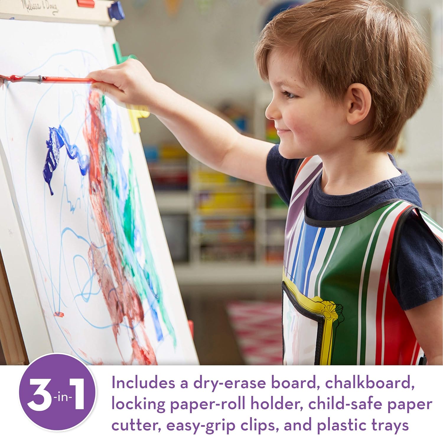 Deluxe Standing Art Easel - Ages 3 - 7, Dry Erase Board, Chalkboard, Rolling Paper Tube