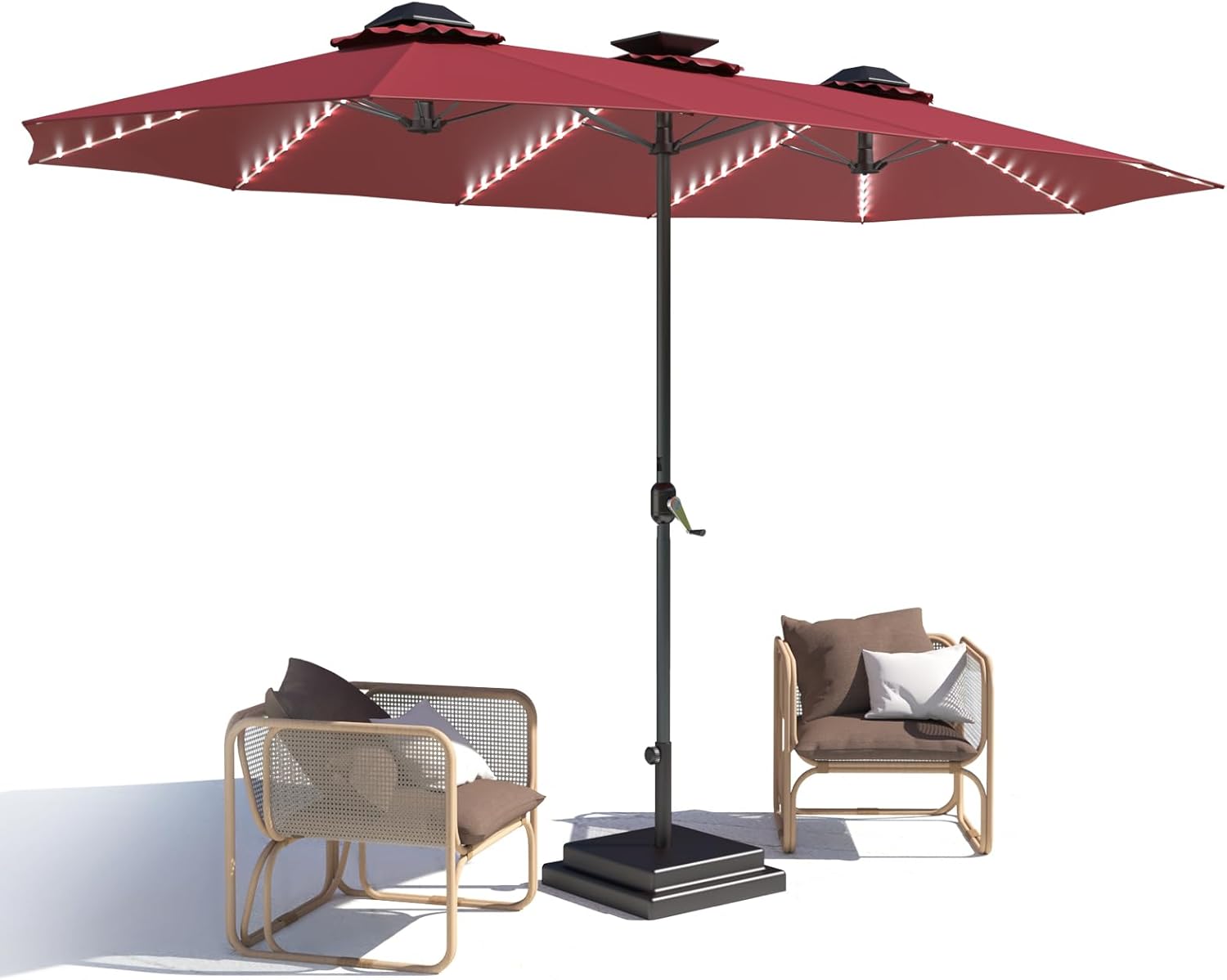 15ft Patio Umbrella with Solar Lights, Large Double Umbrella Outdoor, Rectangle 180''x106'' Umbrellas with 156 PCS LED Lights and Crank Handle for Backyard Deck Pool Shade in Black(1.9