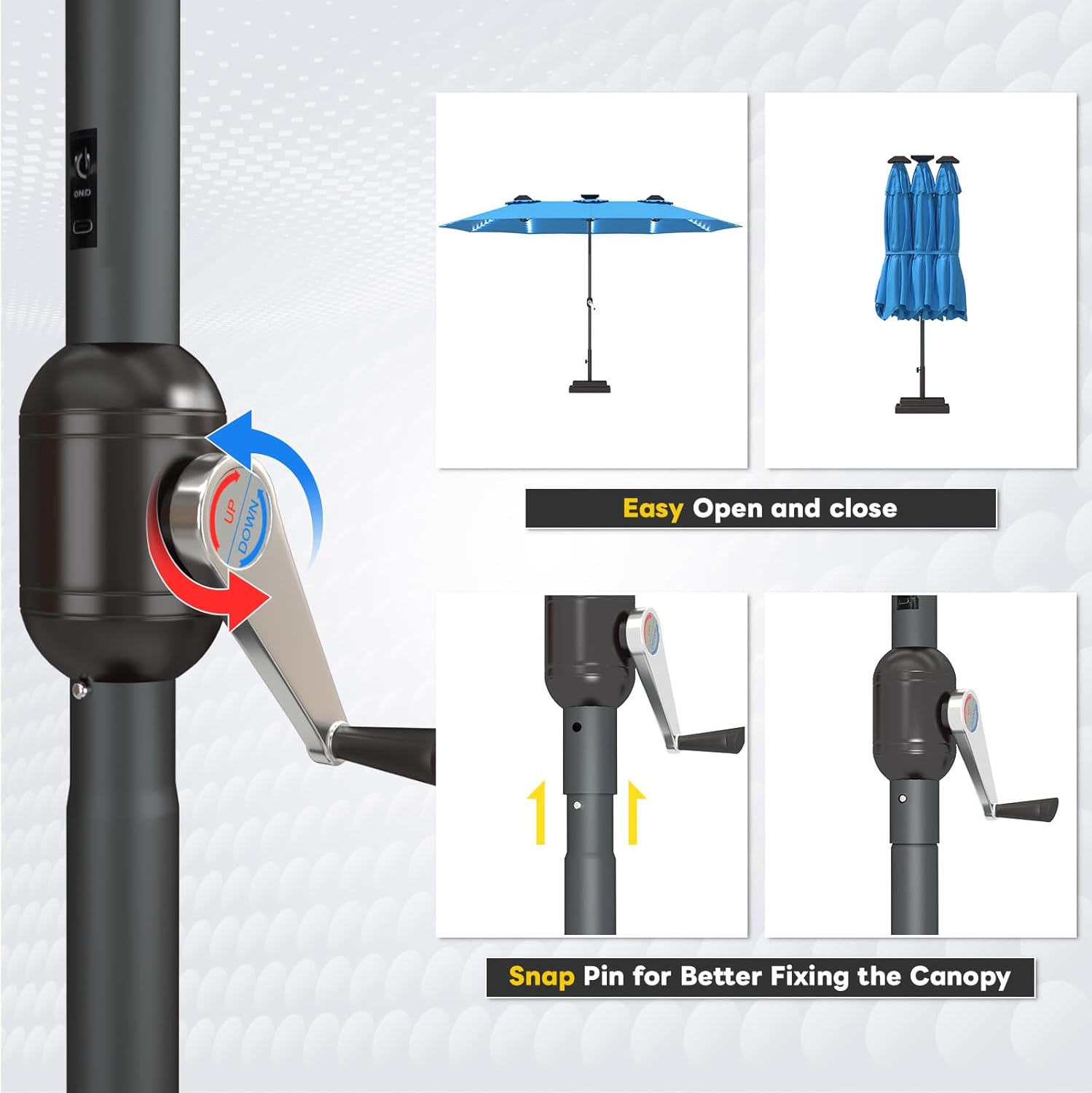 15ft Patio Umbrella with Solar Lights, Large Double Umbrella Outdoor, Rectangle 180''x106'' Umbrellas with 156 PCS LED Lights and Crank Handle for Backyard Deck Pool Shade in Black(1.9
