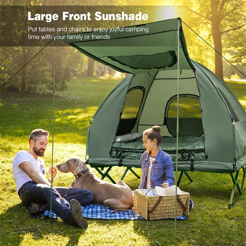 2025 5-in-1 Tent Cot 2-Person Portable Outdoor Camping Tent Combo with Air Mattress Sleeping Bag & Sunshade