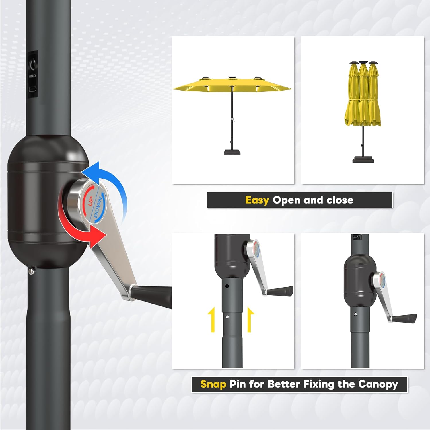 15ft Patio Umbrella with Solar Lights, Large Double Umbrella Outdoor, Rectangle 180''x106'' Umbrellas with 156 PCS LED Lights and Crank Handle for Backyard Deck Pool Shade in Black(1.9