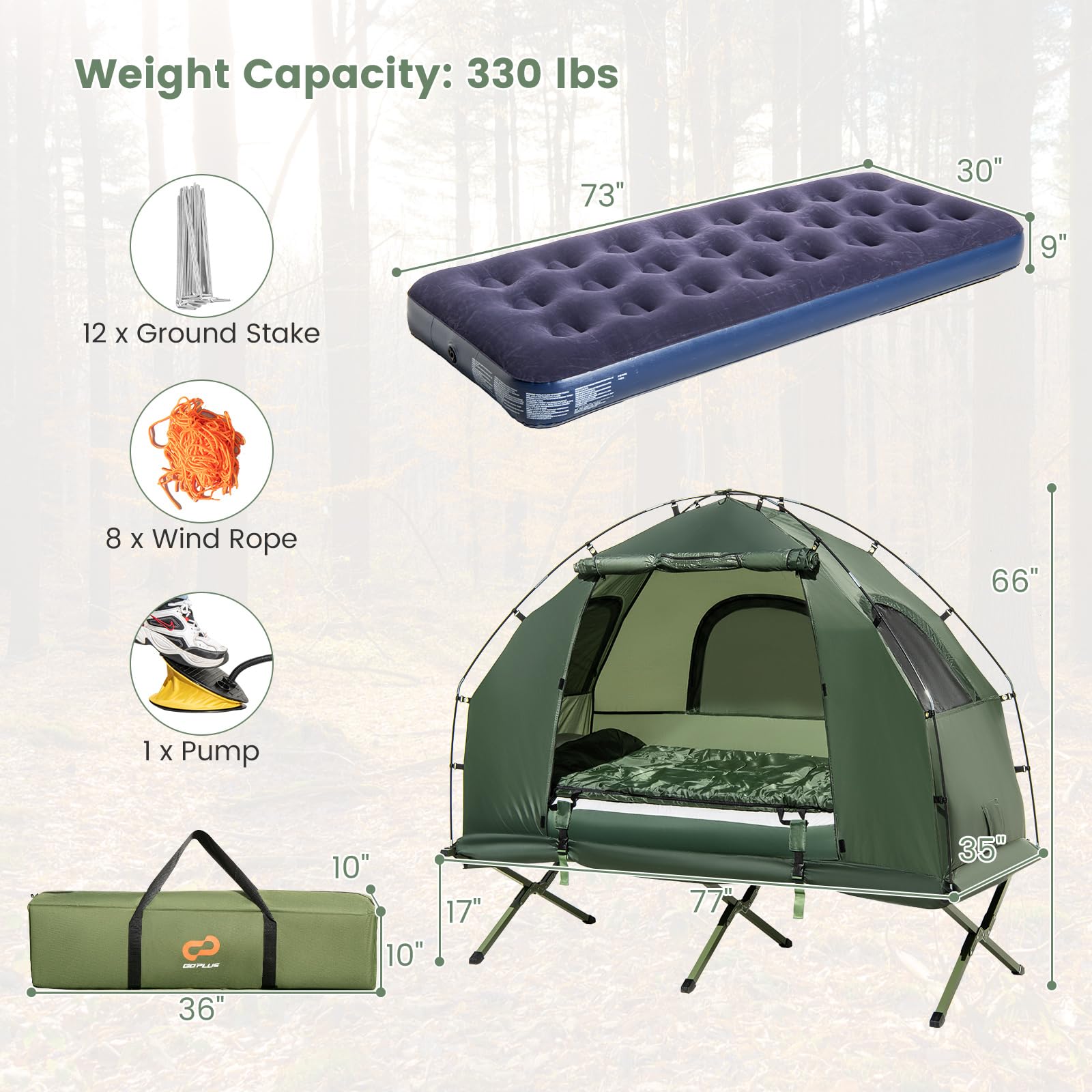 2025 Camping Tent Cot, 5-in-1 Folding Camping Bed with Air Mattress, Pillow, Sleeping Bag, Waterproof Elevated Tent Shelter