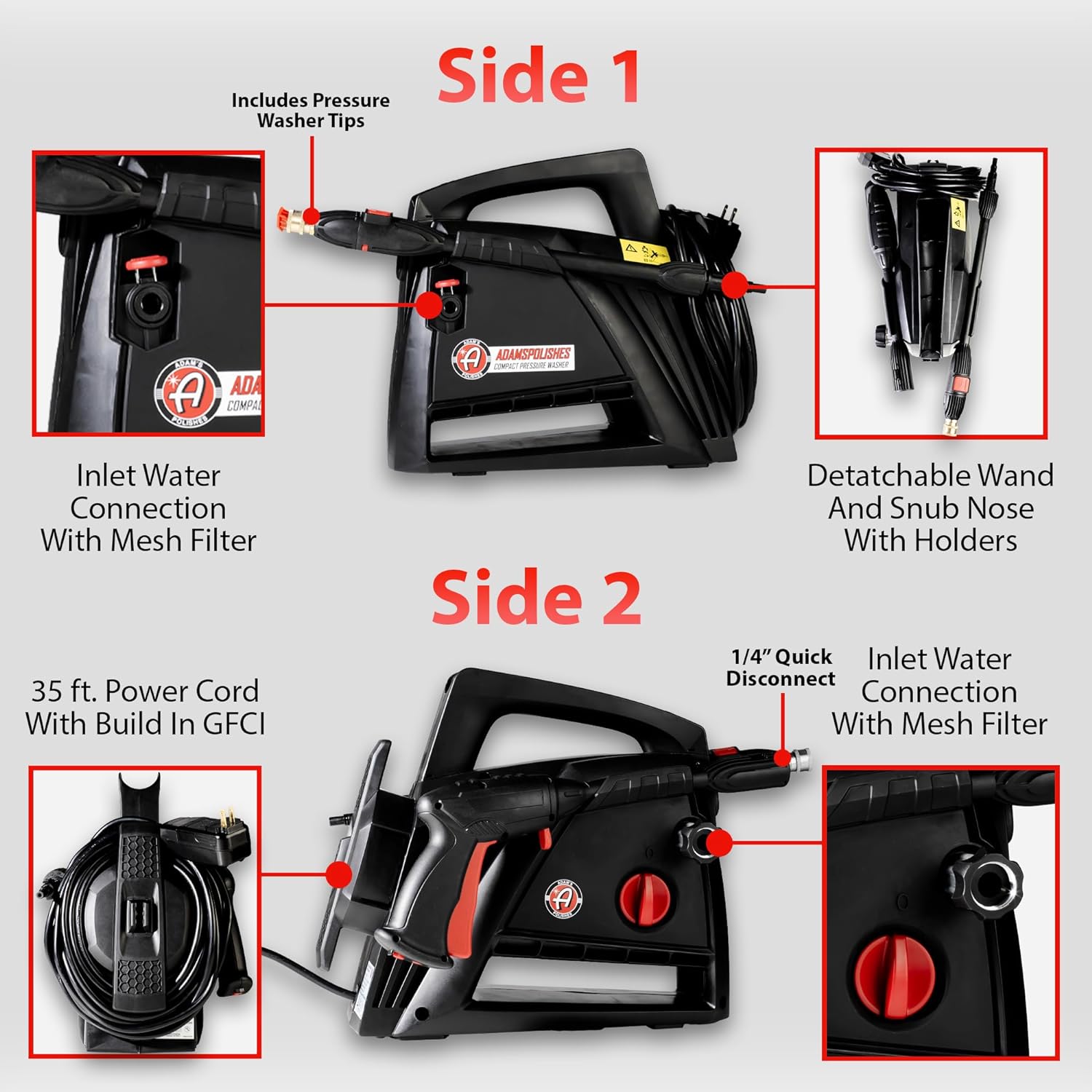 Electric Pressure Washer 2.0, Powerful 1.4 GPM 2000 PSI Car Pressure Washer Sprayer, Snub Nose & Tip Attachment, Use,Car Soap, Patio Boat RV Motorcycle Car Garage Deck Adam's Polishes