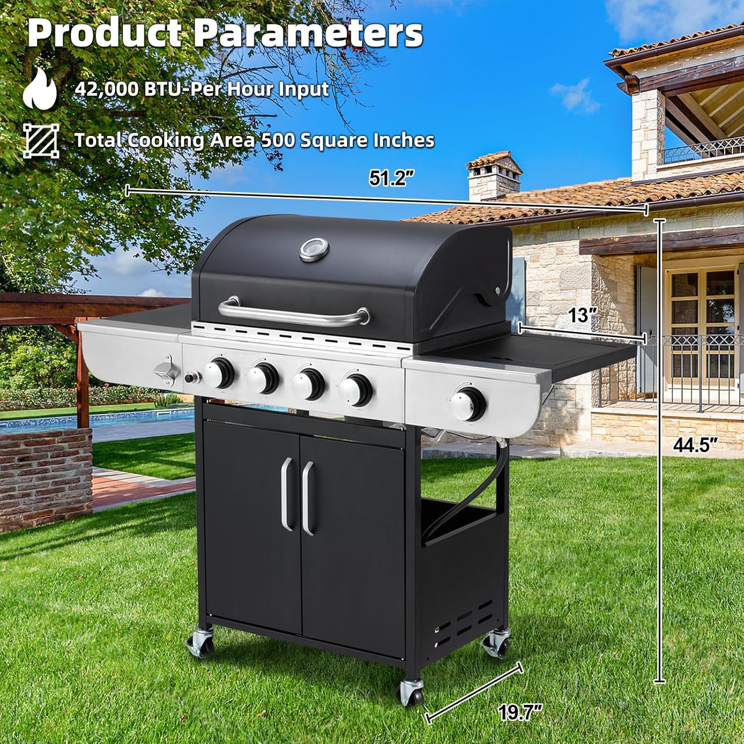 Upgraded 4 Burner BBQ Propane Gas Grill with Cast Iron Grates & Side Stove, 44,000 BTU Stainless Steel Burner Barbecue Grill for Patio, Camping, Outdoor Cooking MELLCOM