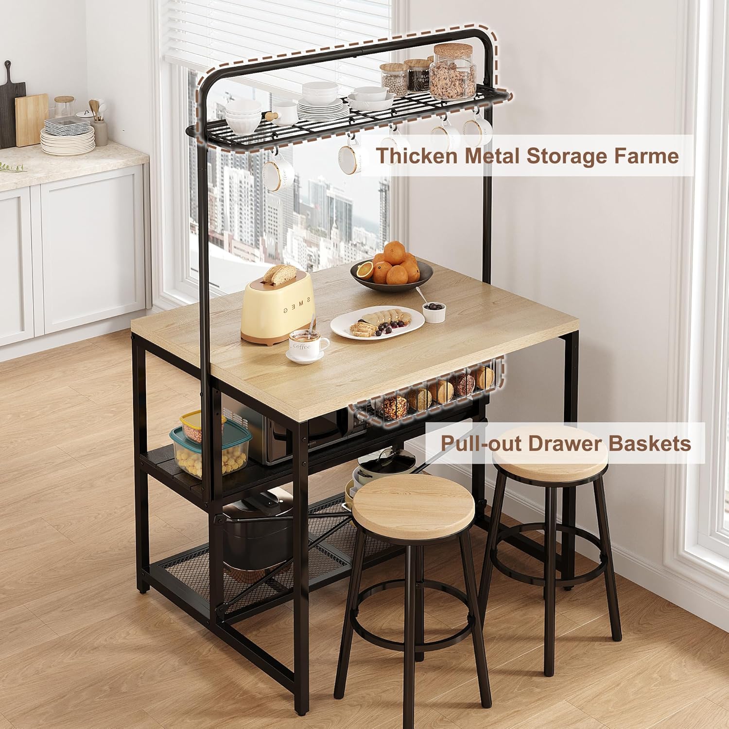 Kitchen Island, Kitchen Island with Storage, Bakers Rack, Island Table for Kitchen, Bakers Rack with Storage, Large Kitchen Island Table, Coffee Bar Table with Shelf,5 Racks,Pear Wood White