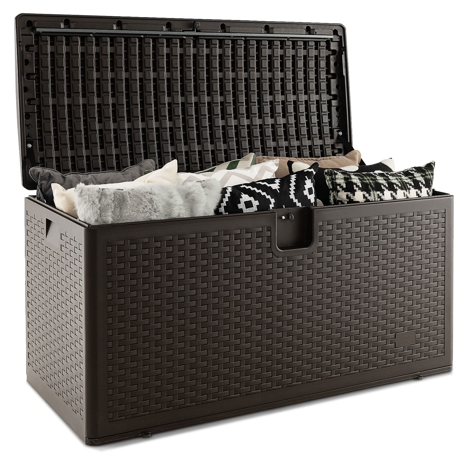 Outdoor Storage Box, 31 73 100 Gallon Waterproof Resin Patio Storage Box with Lockable Lid, Side Handle for Pillows, Cushions
