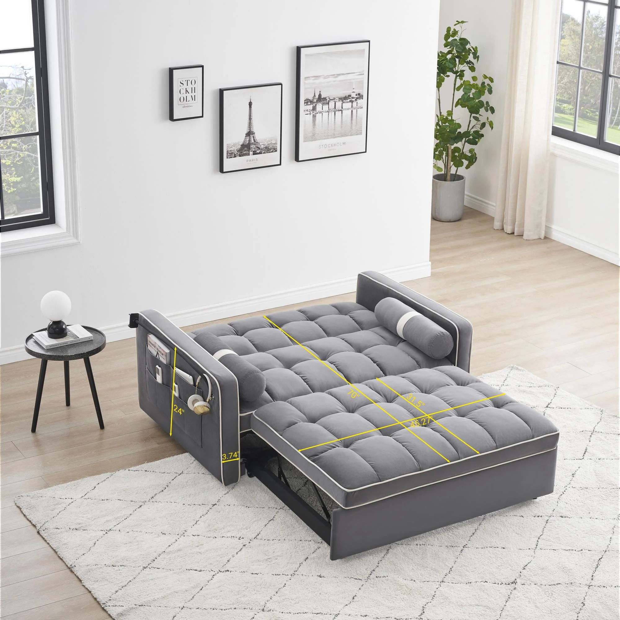 2025 3 in 1 Sleeper Sofa Couch Bed,Small Tufted Velvet Convertible Loveseat Futon Sofa w/Pullout Bed,Adjustable Backrest,Cylinder Pillows,Multi-Pockets,Phone Holder for Living Room Apartment,Grey,55.5