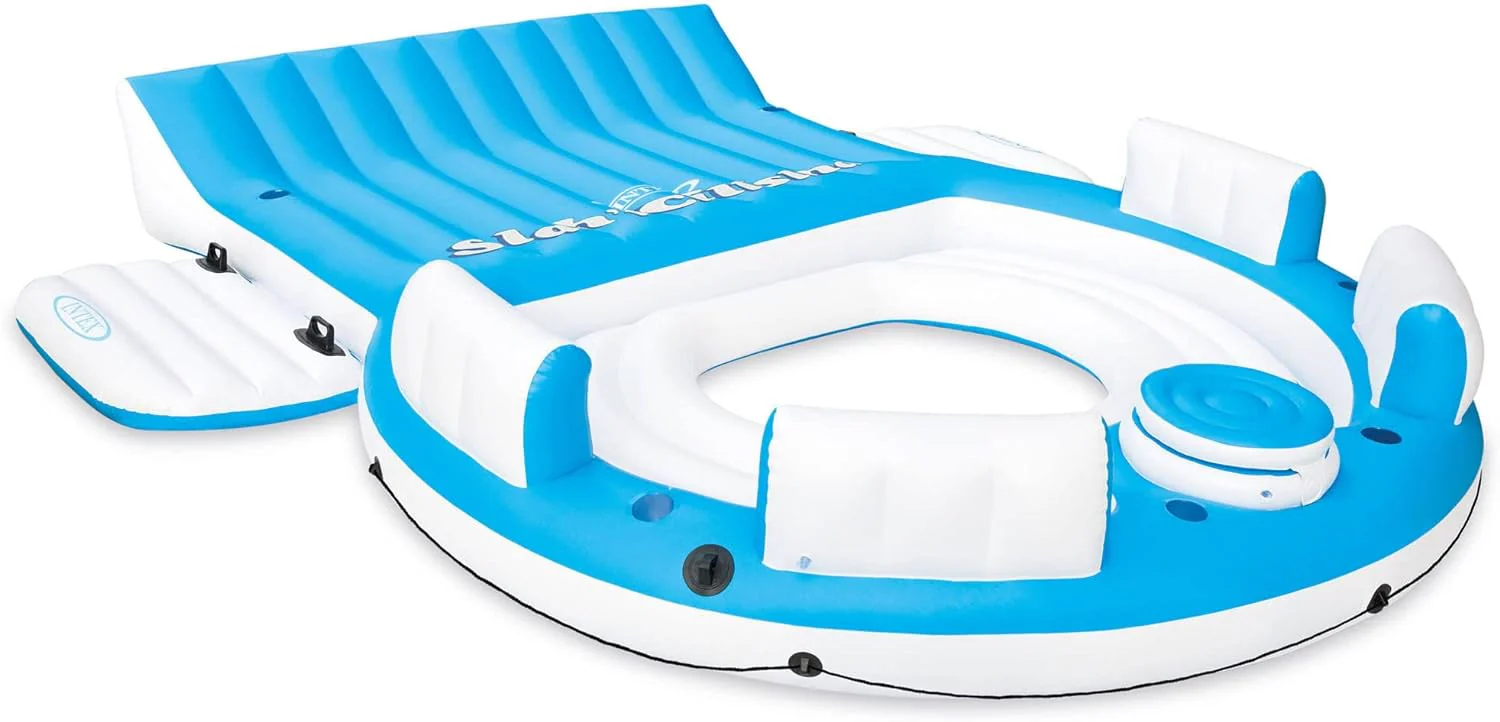 145 x 125 x 20 Inch Inflatable Lake and Pool Relaxation Island Lounger Seat for up to 7 Adults, Blue and White.