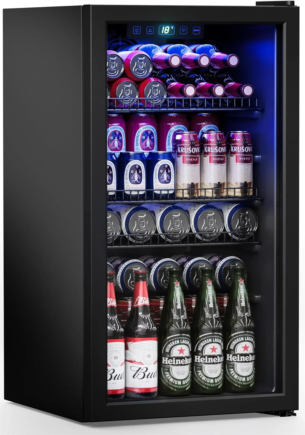 Refrigerator Cooler-120 Cans Freestanding Mini Fridge Cooler with Glass Door, Adjustable Shelves & Digital Temperature Display for Soda, Wine or Beer (Black, 3.2 Cu.Ft)