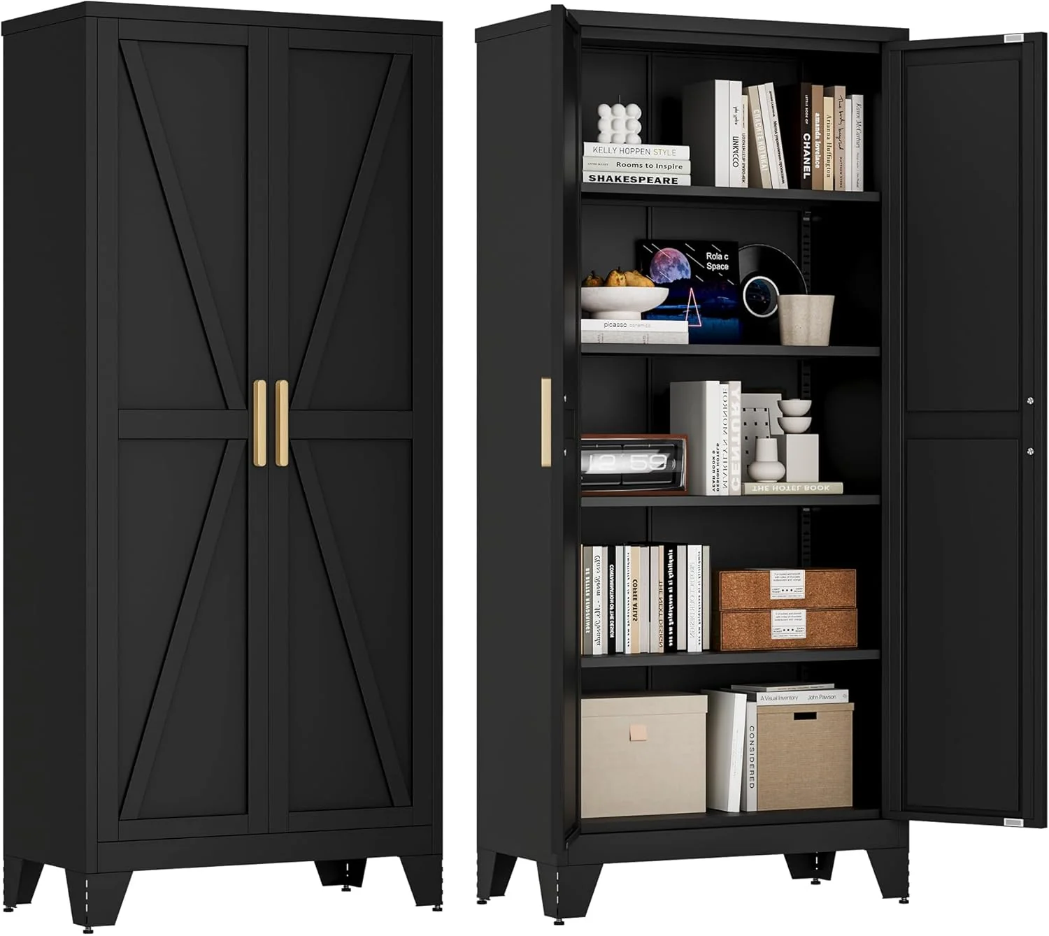 71'' Farmhouse Metal Wardrobe Cabinet with Hanging Rod, 2 Barn Door Wardrobe Closet with Adjustable Shelves,Drawer,for Dining Room,Bedroom,Living Room, Cloak Room,Office (White)