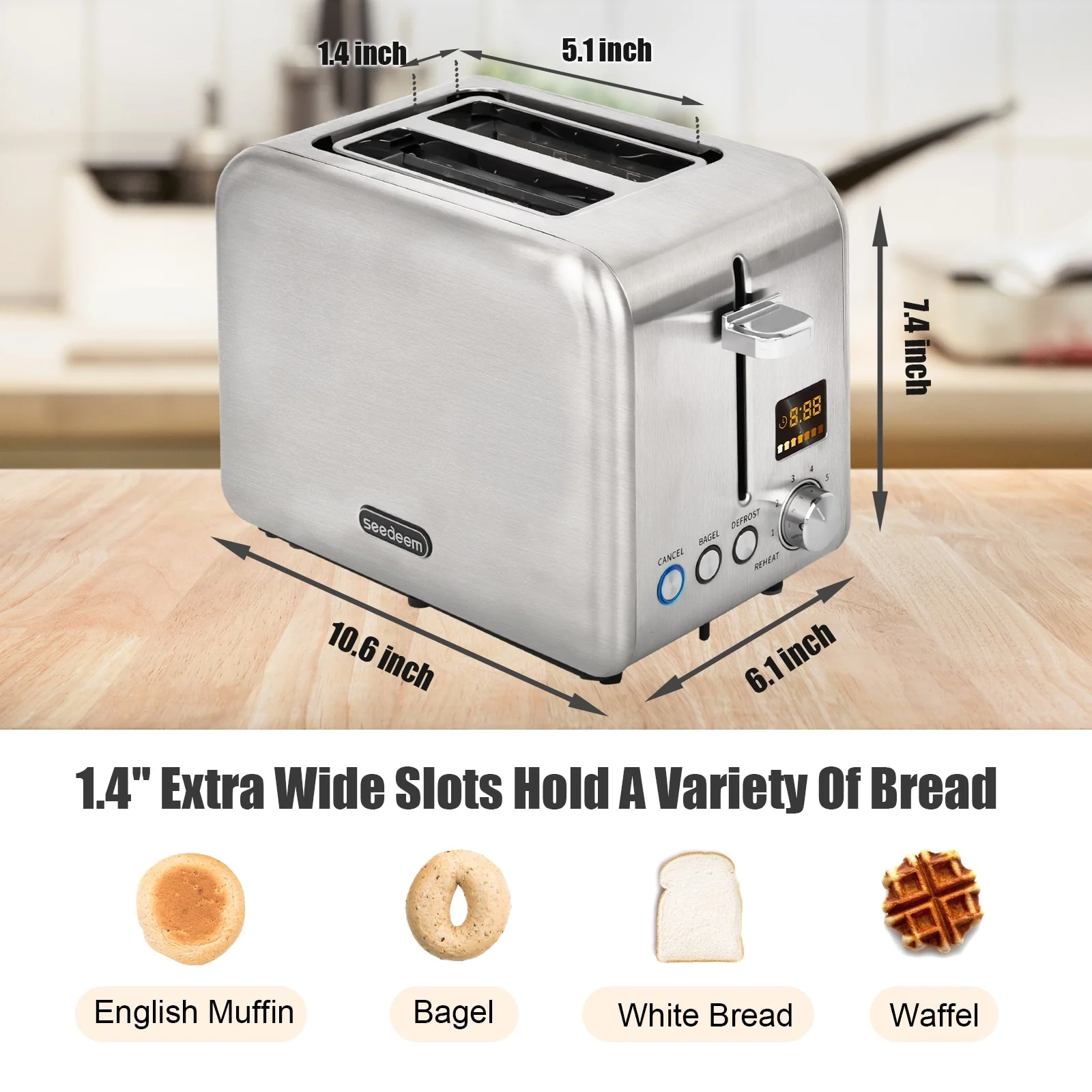 SEEDEEM Toaster 2 Slice, Stainless Steel Toaster with LCD Display