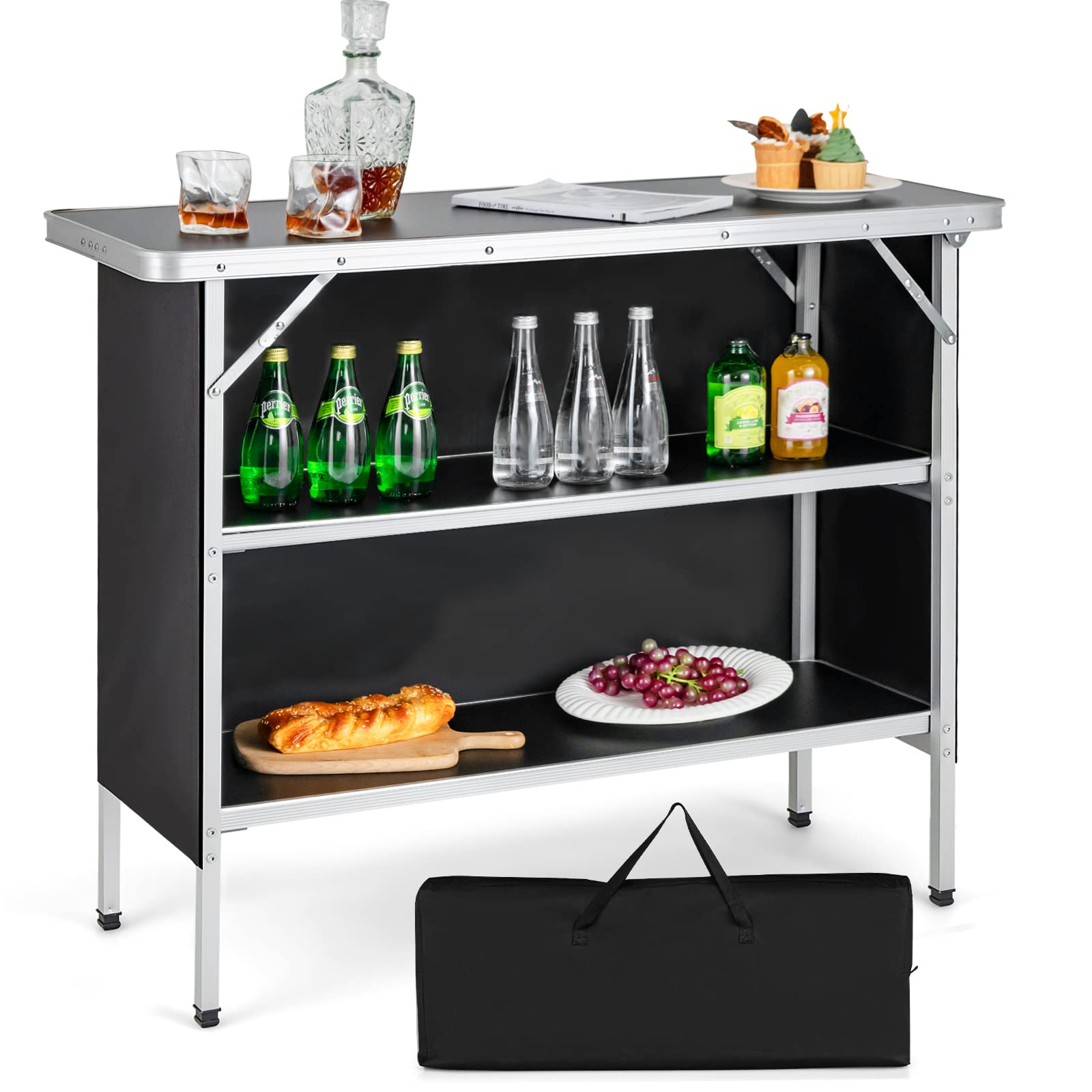 2025 Goplus Folding Camping Table, Aluminum Portable Pop-Up Bar Table with 2-Tier Storage Shelves