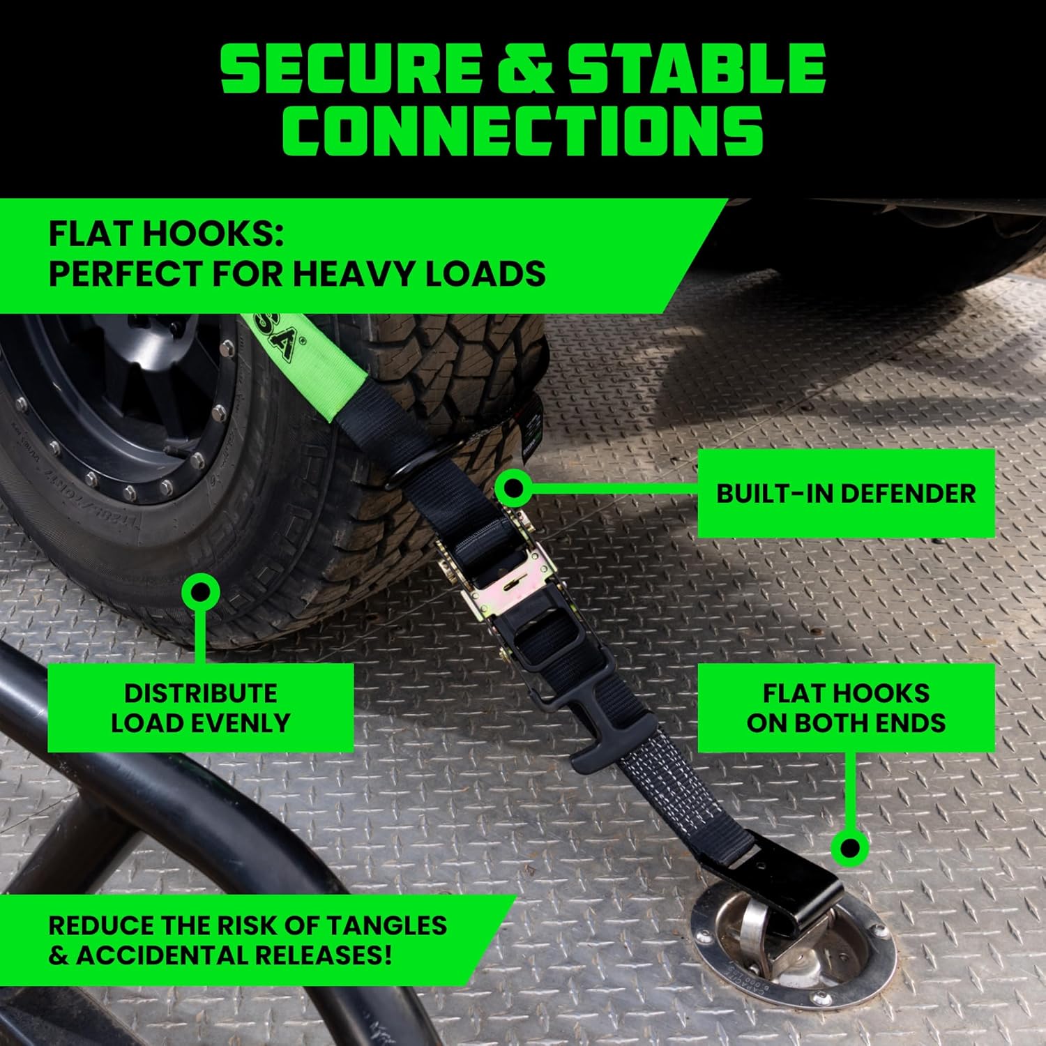 Car Tie Down Straps for Trailers with Flat Hooks (4-Pack) - 2 Inch x 8 Feet (10,000lb Break Strength) - Heavy Duty T-Handle Car Lasso Tire Straps for Trailer & UTV - Black