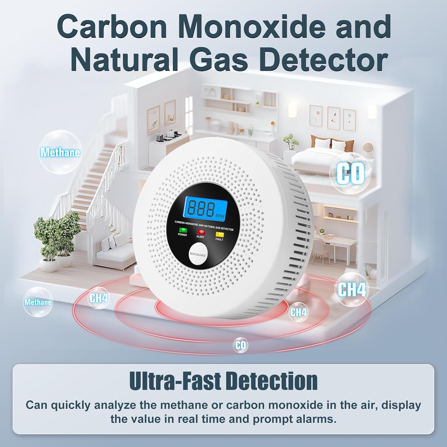 Natural Gas and Carbon Monoxide Detector 100% Battery-Powered CO&CH4 with LED Display and Audible Visual Alerts Methane Leak Sensor for Home RV Kitchen Apartment Safety (Includes Batteries)