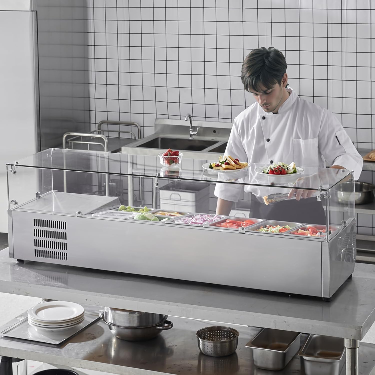 Refrigerated Condiment Prep Station, 135 W Countertop Refrigerated Condiment Station, with 2 1/3 Pans & 4 1/6 Pans, 304 Stainless Body and PC Lid, Sandwich Prep Table with Stainless Guard, ETL