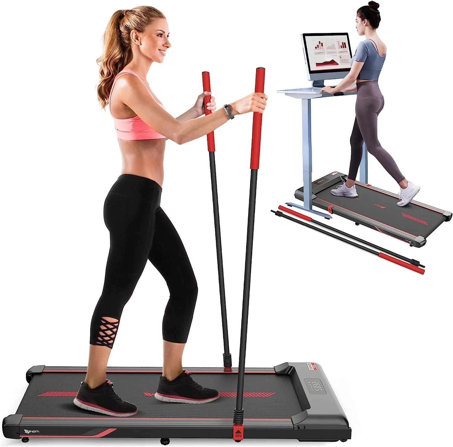 Walking Pad Treadmill Under Desk 2 in 1 with Remote Control & Removable Handrails, Under Desk Treadmills for Home Exercise, Walking Running Jogging Machine LED Display Free Installation, Red