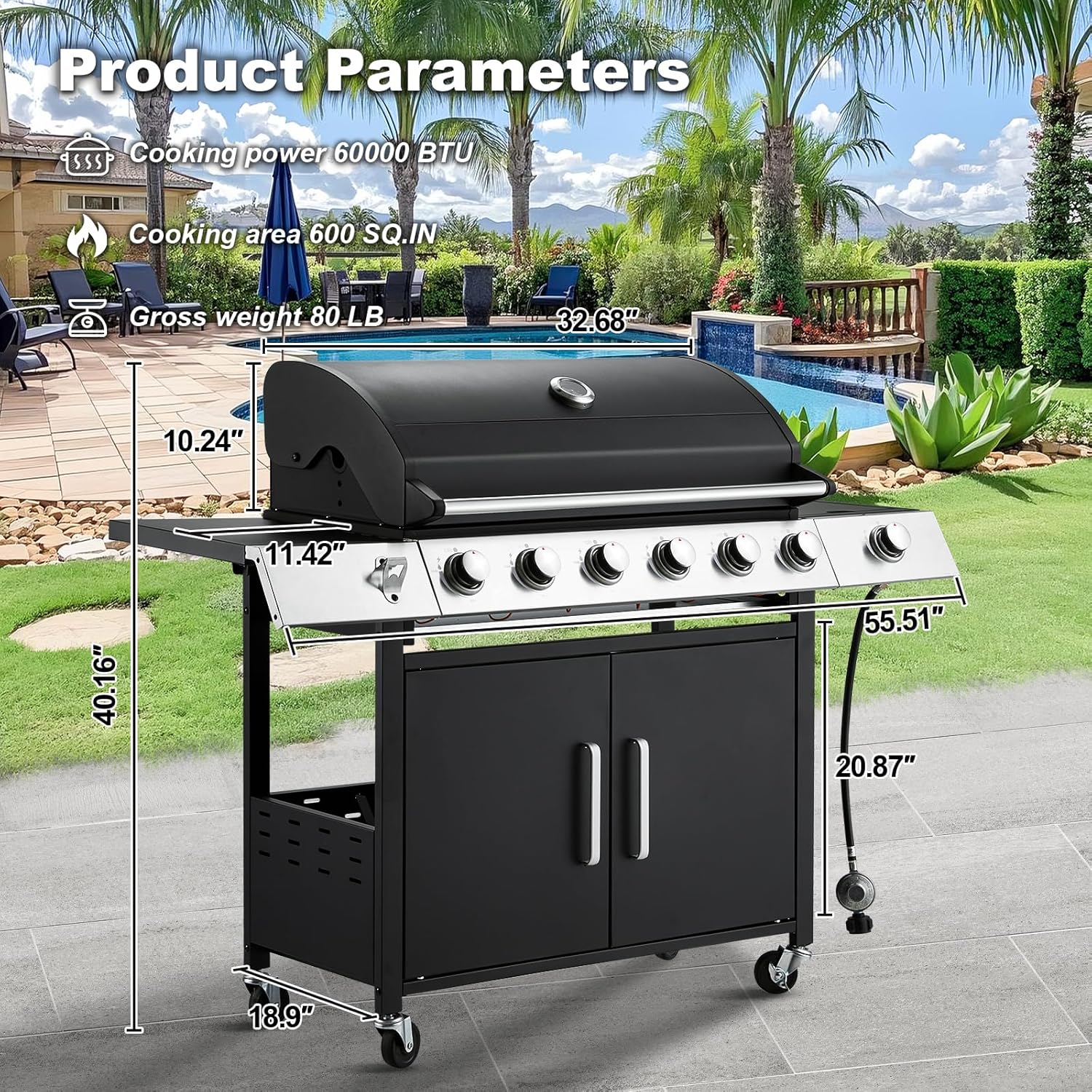 Upgraded 4 Burner BBQ Propane Gas Grill with Cast Iron Grates & Side Stove, 44,000 BTU Stainless Steel Burner Barbecue Grill for Patio, Camping, Outdoor Cooking.