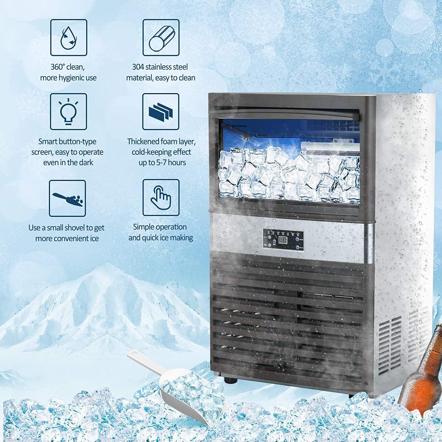 Commercial Ice – 110LBS/24H Stainless Steel Free-Standing Ice Machine Maker Air Cooling Ice