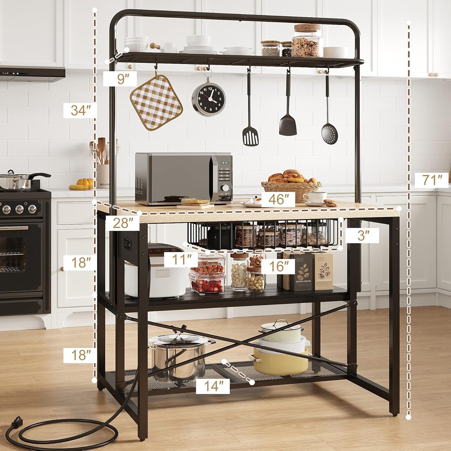 Kitchen Island, Kitchen Island with Storage, Bakers Rack, Island Table for Kitchen, Bakers Rack with Storage, Large Kitchen Island Table, Coffee Bar Table with Shelf,5 Racks,Pear Wood White