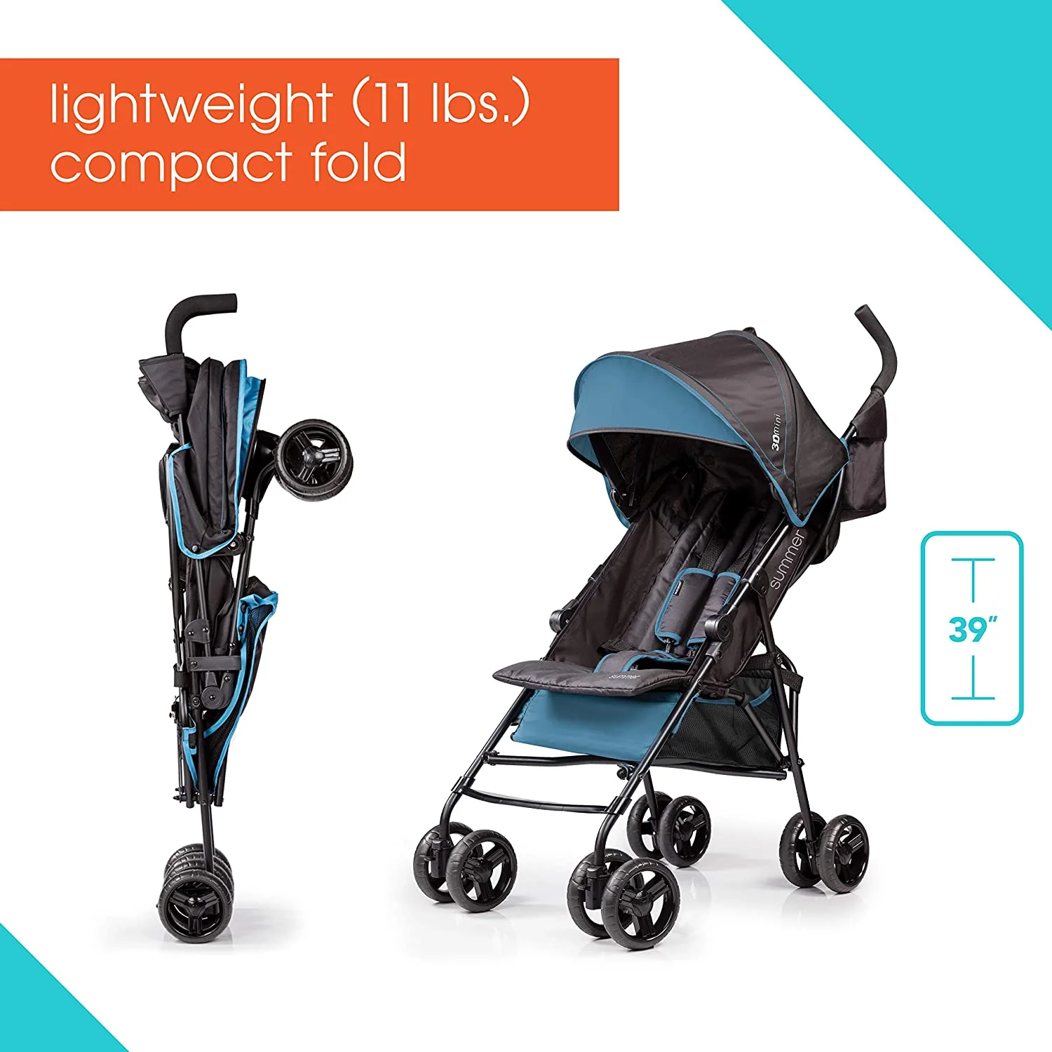 Convenience Stroller, Blue/Black Lightweight Infant Stroller with Compact Fold