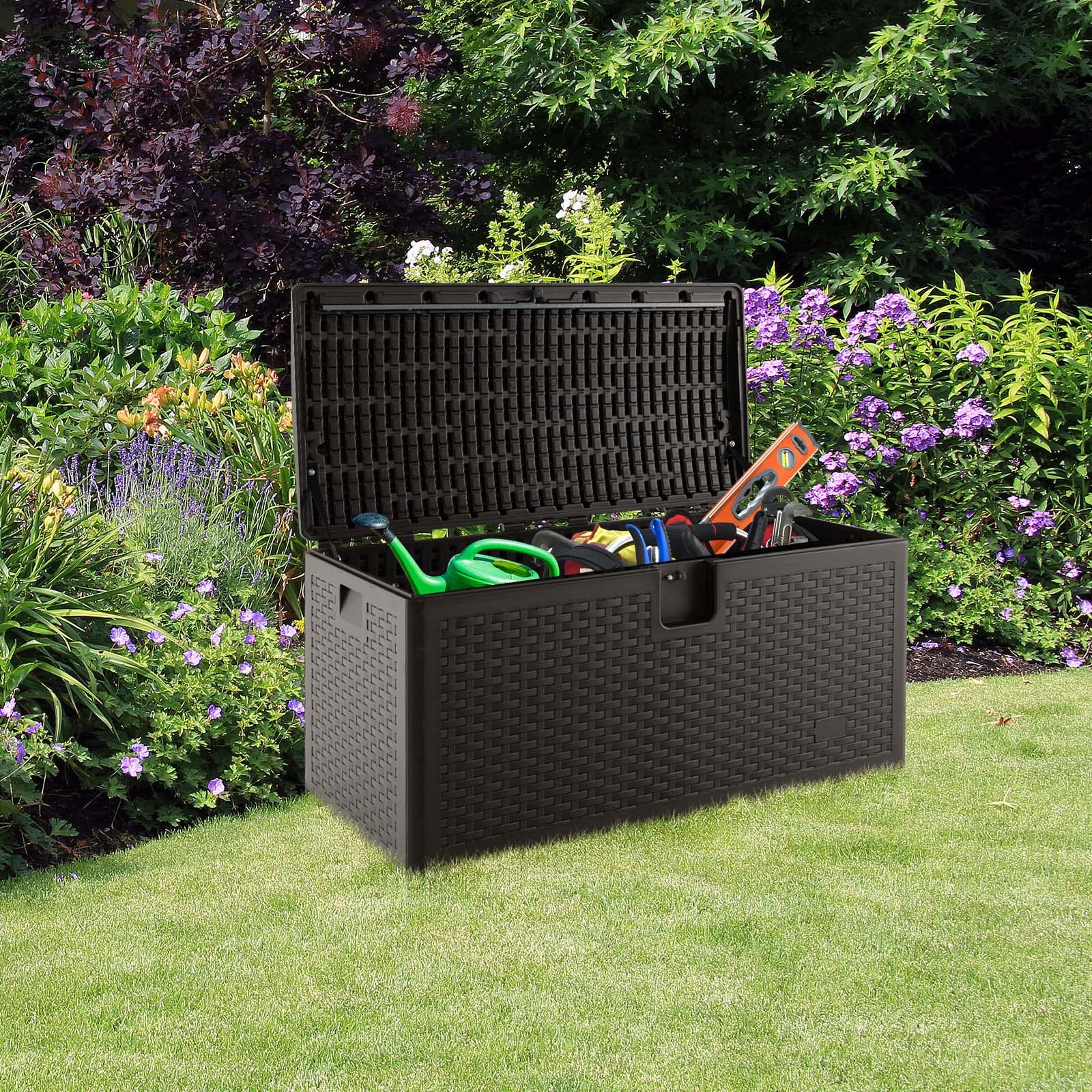 Outdoor Storage Box, 31 73 100 Gallon Waterproof Resin Patio Storage Box with Lockable Lid, Side Handle for Pillows, Cushions