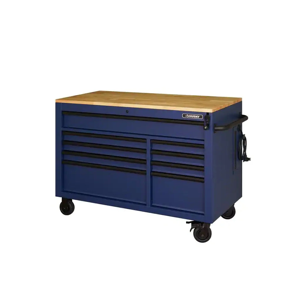 2025 Heavy-Duty 52 in. 9-Drawer Mobile Workbench with Adjustable-Height Solid Wood Top in Matte Blue