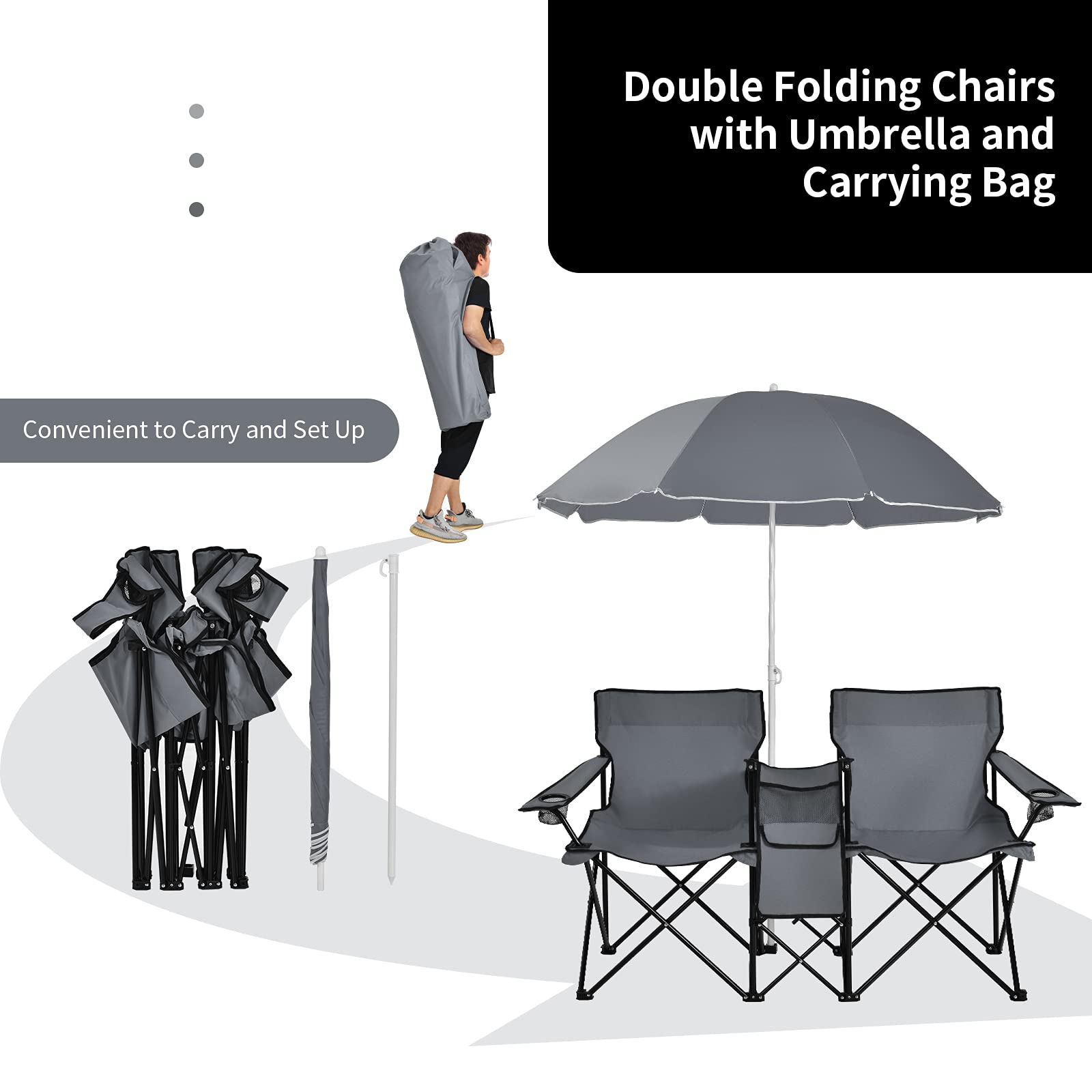 2025 Double Folding Picnic Chairs Umbrella Mini Table Beverage Holder Carrying Bag