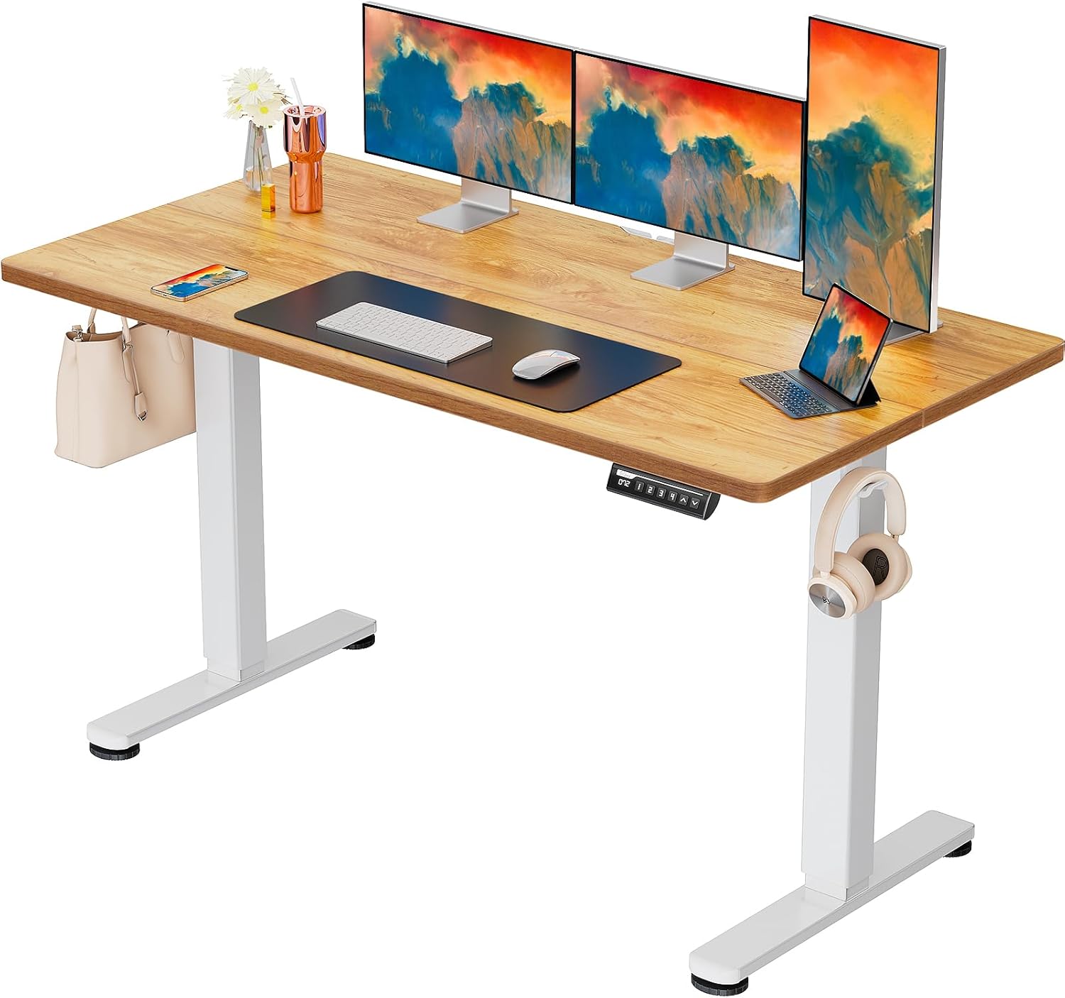 Height Adjustable Electric Standing Desk, 40 x 24 Inches Sit Stand up Desk, Small Memory Computer Home Office Desk with Two-Piece Desktop (Light Vintage Brown)