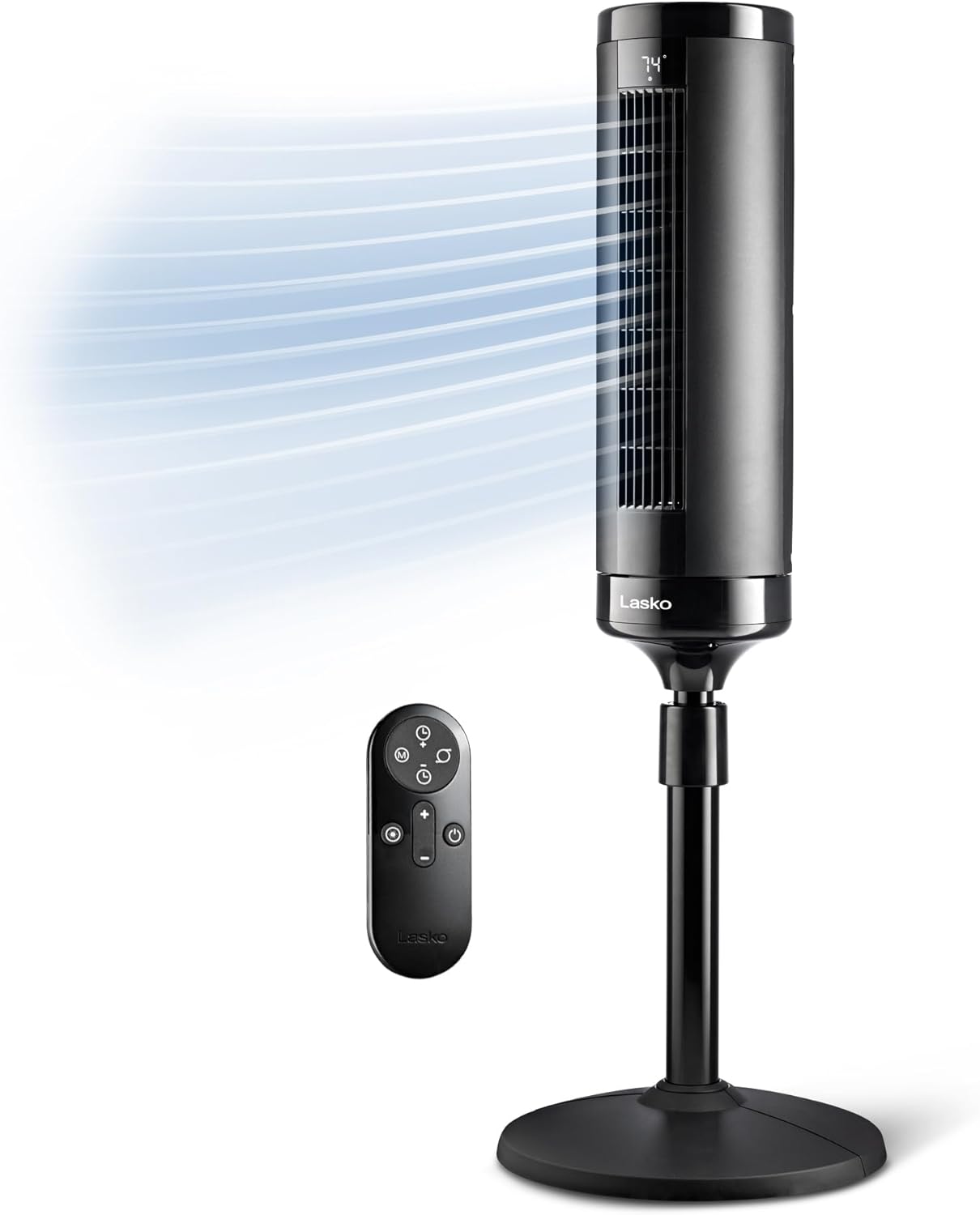 LASKO Elevation 42”-54” Adjustable Height Pedestal Tower Fans for Home, 31 ft/s Airflow, Quiet 28 dB on Low, 90° Oscillation, 12 Hour Timer, Remote Control, Black, EST100