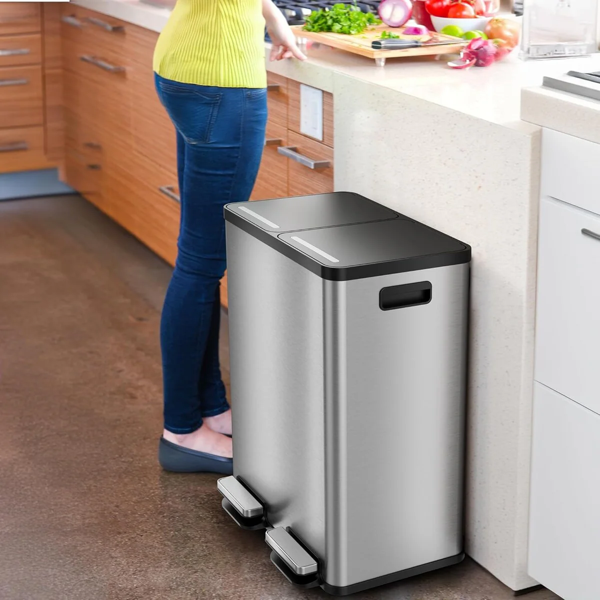 iTouchless 16 Gal SoftStep Stainless Steel Combo Trash & Recycle Bin