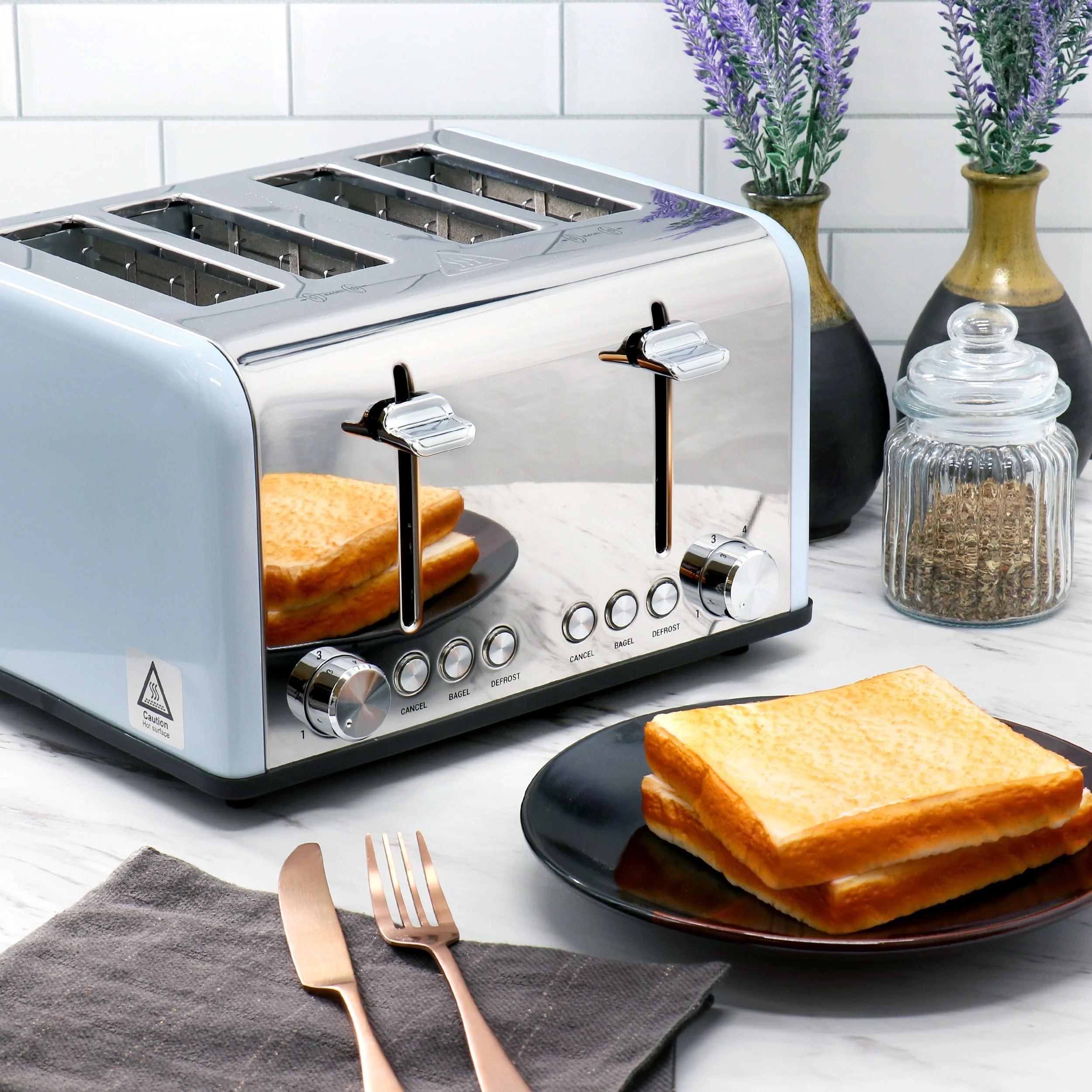 Redmond 4-Slice Extra Wide Slot 1650W Stainless Steel Toaster in Light Blue