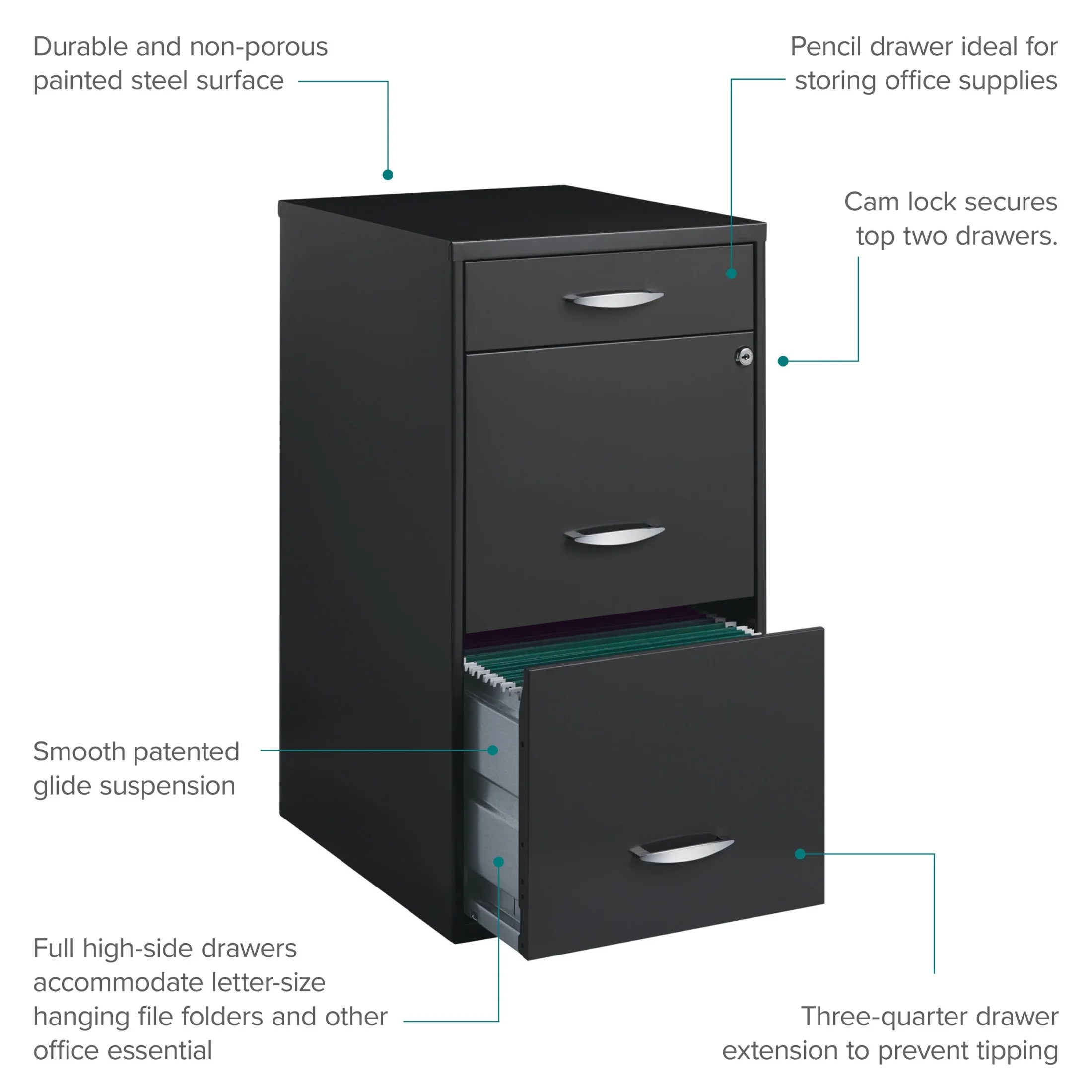 Space Solutions 3 Drawer Letter Width Vertical File Cabinet with Pencil Drawer, Charcoal