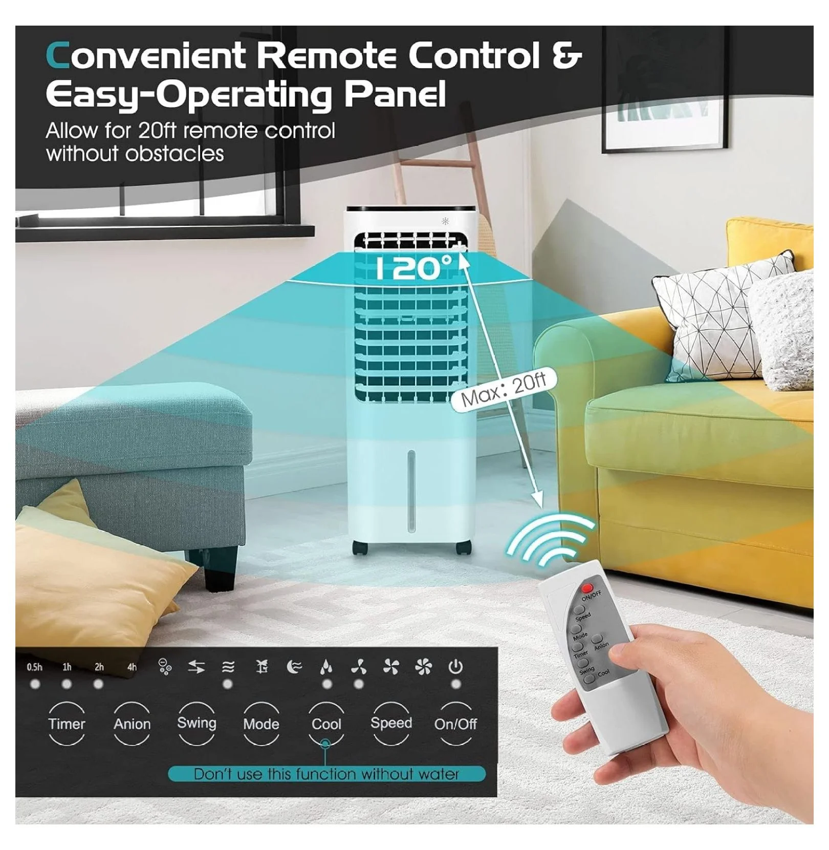 Evaporative Cooler, Include Control, 4 Ice Packs, Bladeless Fan with 4 Wind Modes, 3 Speeds, 7.5H Timer, 12L Water , LED Display, Portable Air Cooler for Indoor Use, Bedroom, White