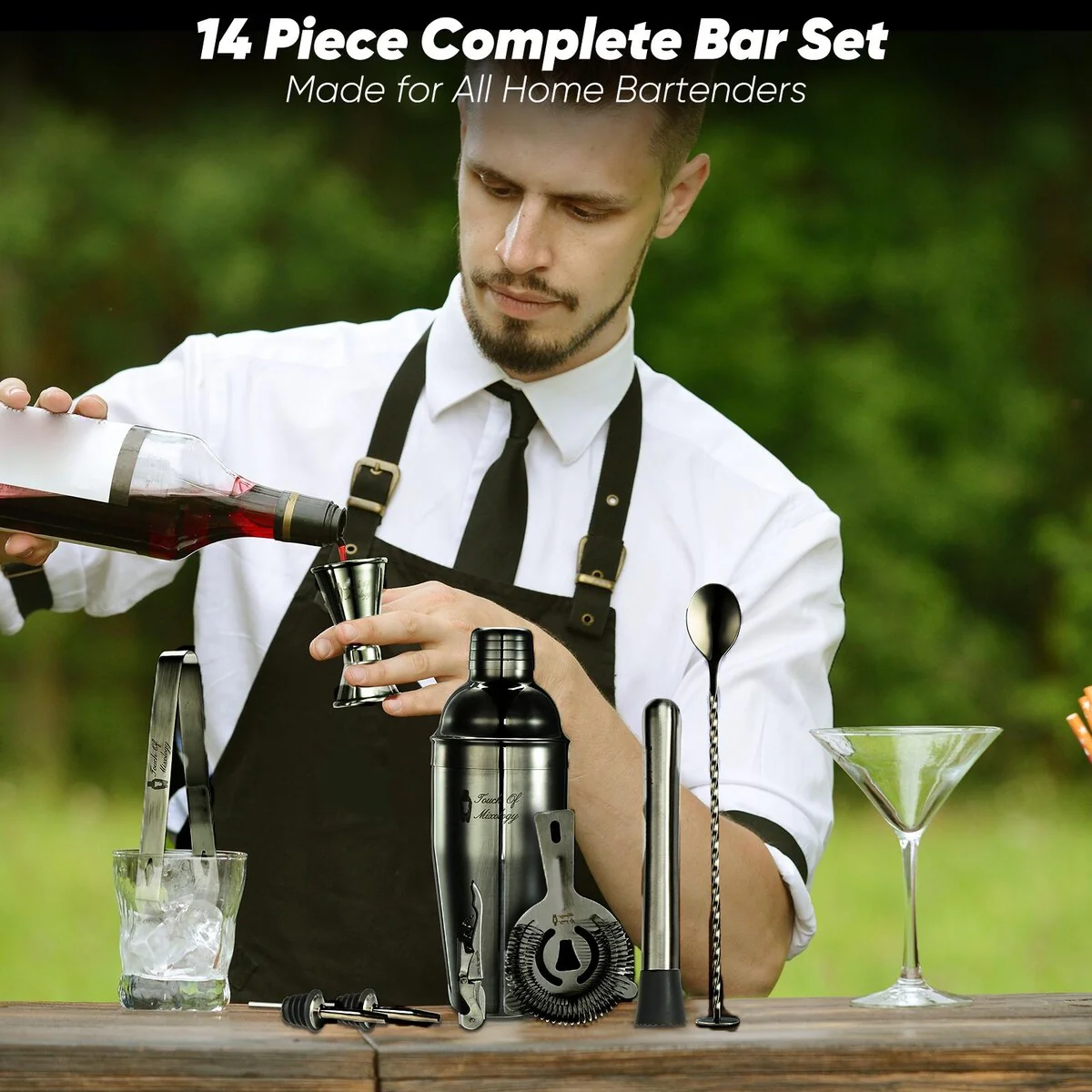 14 Piece Dark Metallic Mixology Bartender Kit with Bamboo Stand - N/A