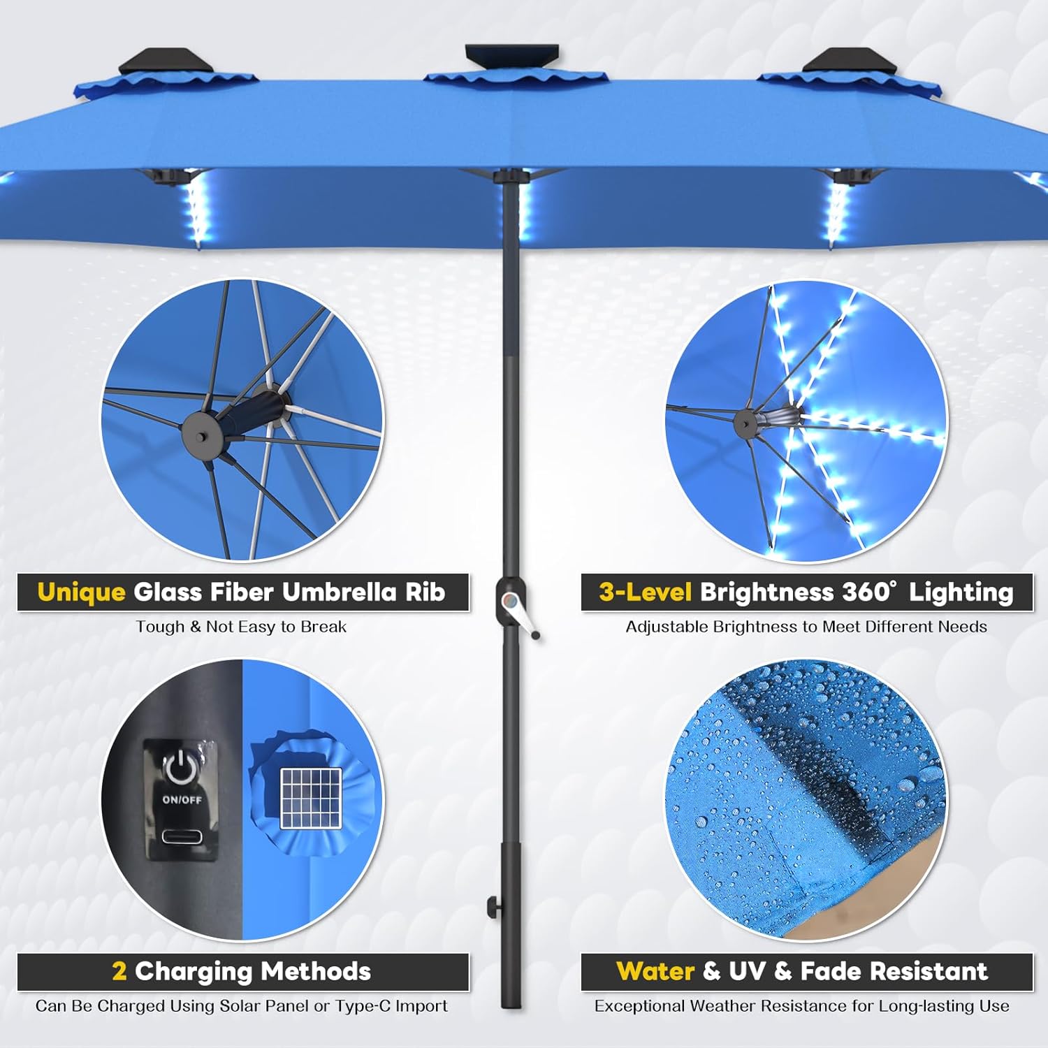 15ft Patio Umbrella with Solar Lights, Large Double Umbrella Outdoor, Rectangle 180''x106'' Umbrellas with 156 PCS LED Lights and Crank Handle for Backyard Deck Pool Shade in Black(1.9