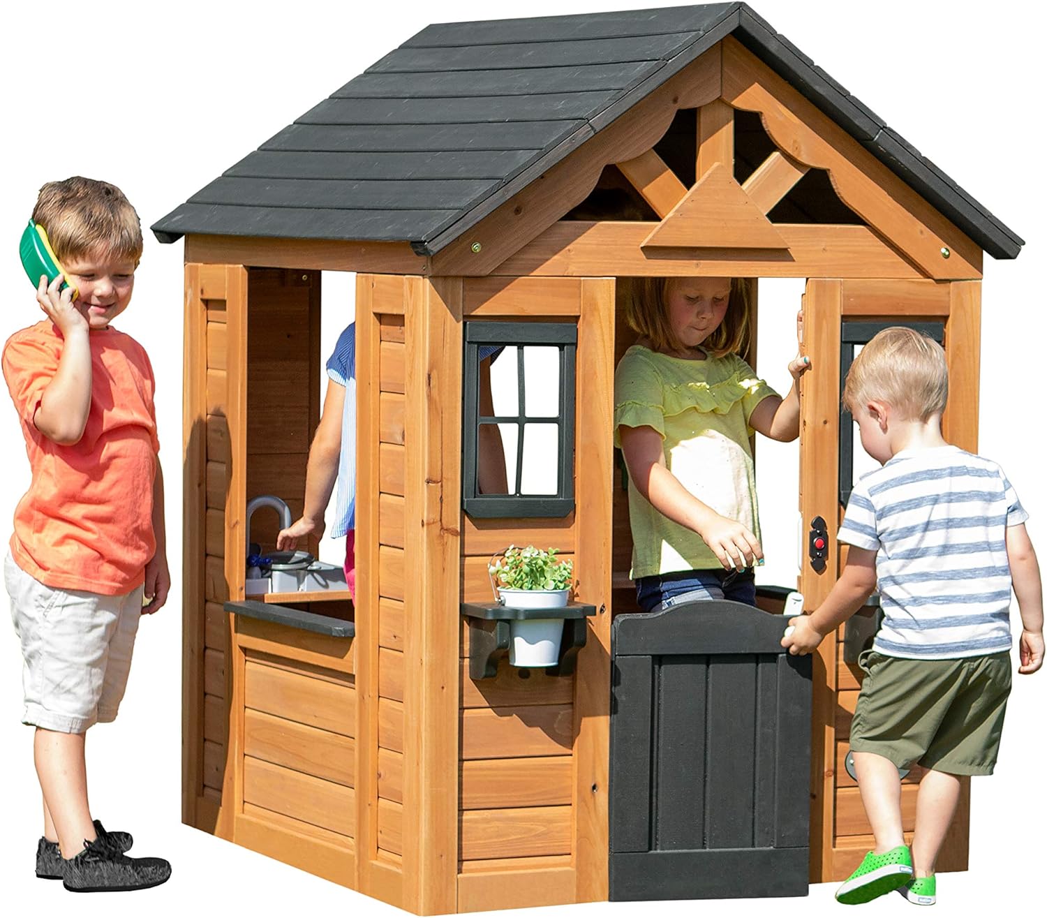 2025 Wooden Kids Playhouse Cottage with Play Kitchen, Snack Bar, Half Door, Toy Phone, Windows, Flowerpot Holders, and Working Doorbell for Outdoor Imaginative Play