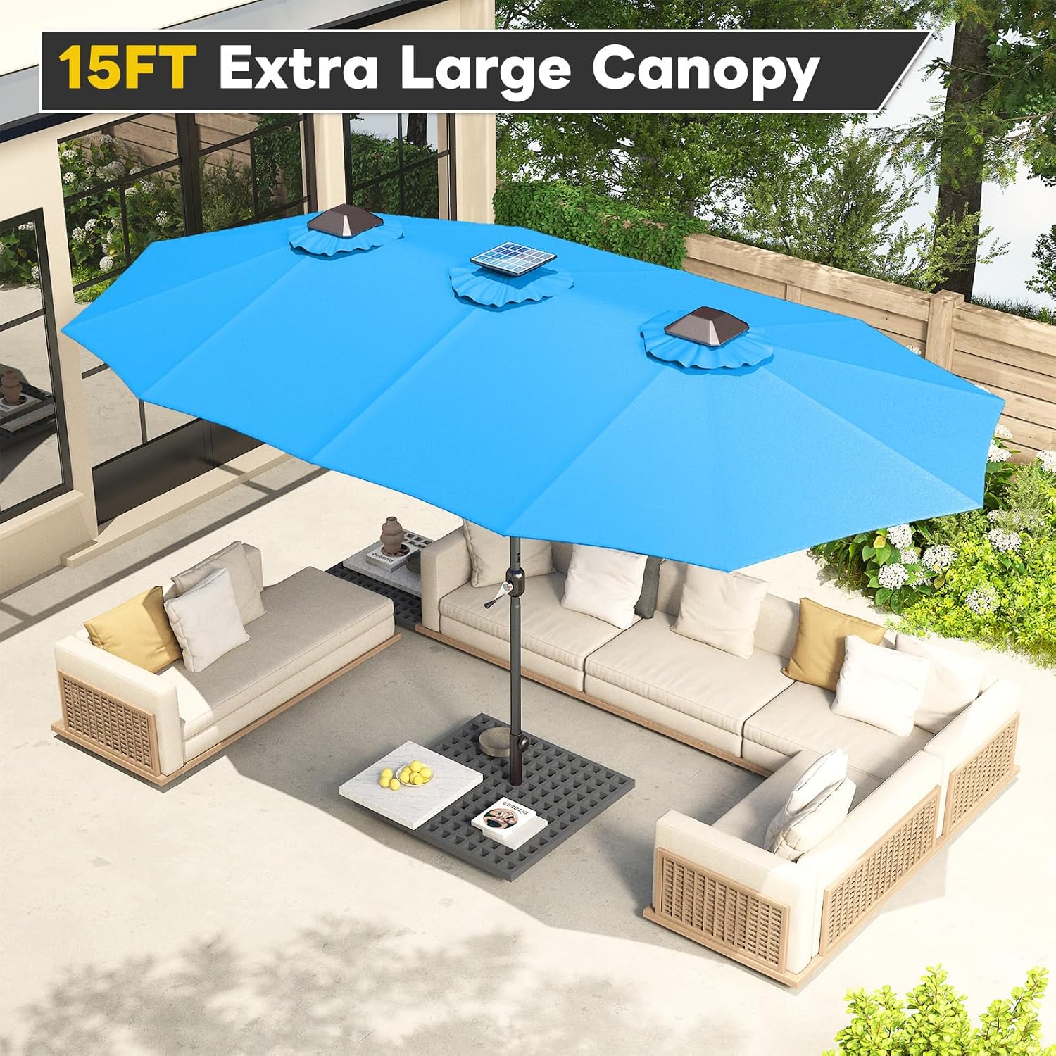 15ft Patio Umbrella with Solar Lights, Large Double Umbrella Outdoor, Rectangle 180''x106'' Umbrellas with 156 PCS LED Lights and Crank Handle for Backyard Deck Pool Shade in Black(1.9